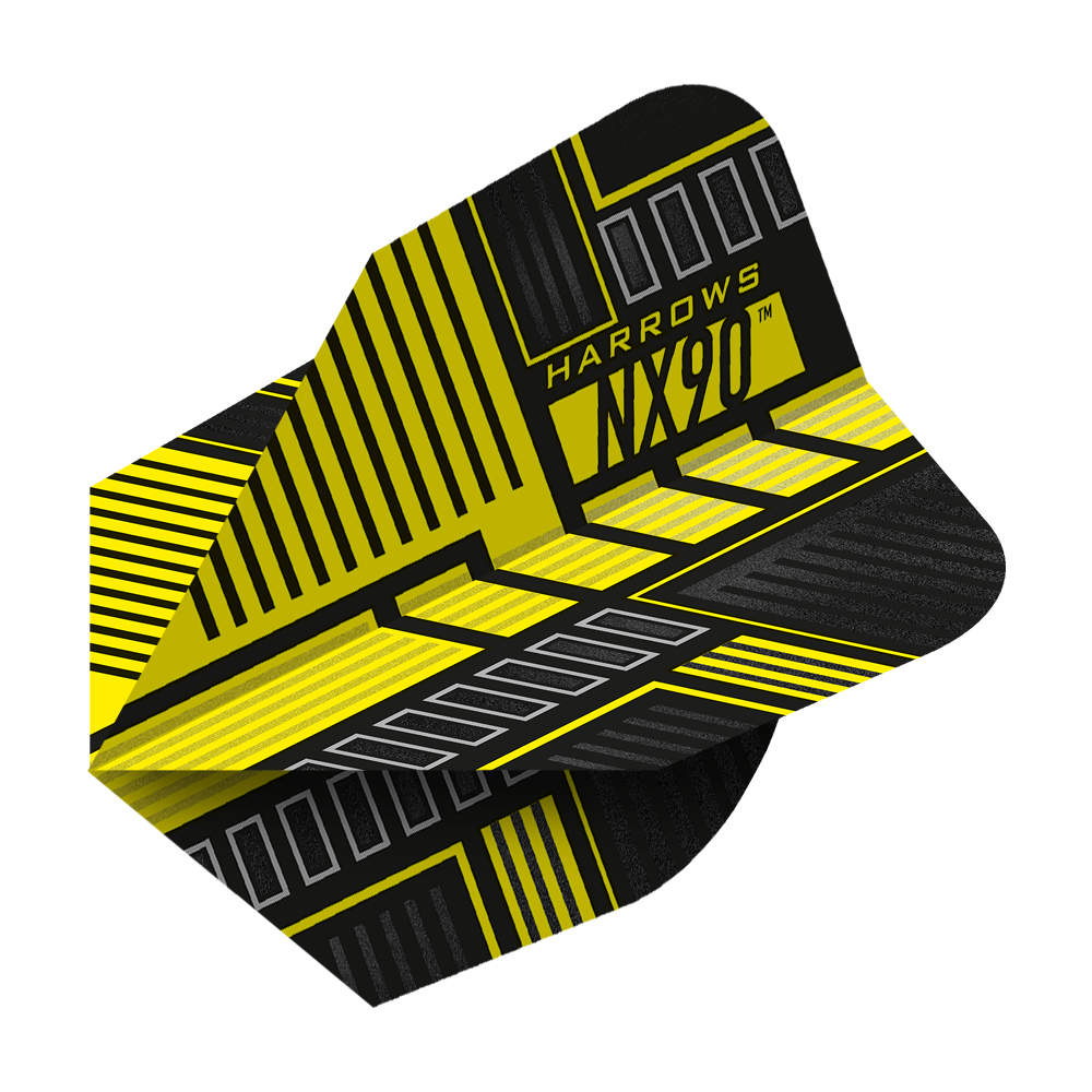 HR47_Harrows_Prime_NX90_Yellow_No6_Flights_2 Das Bild zeigt die Harrows Prime NX90 Yellow Flights mit einem auffälligen gelb-schwarzen Design. Auf den Flights steht der Text "HARROWS NX90".
