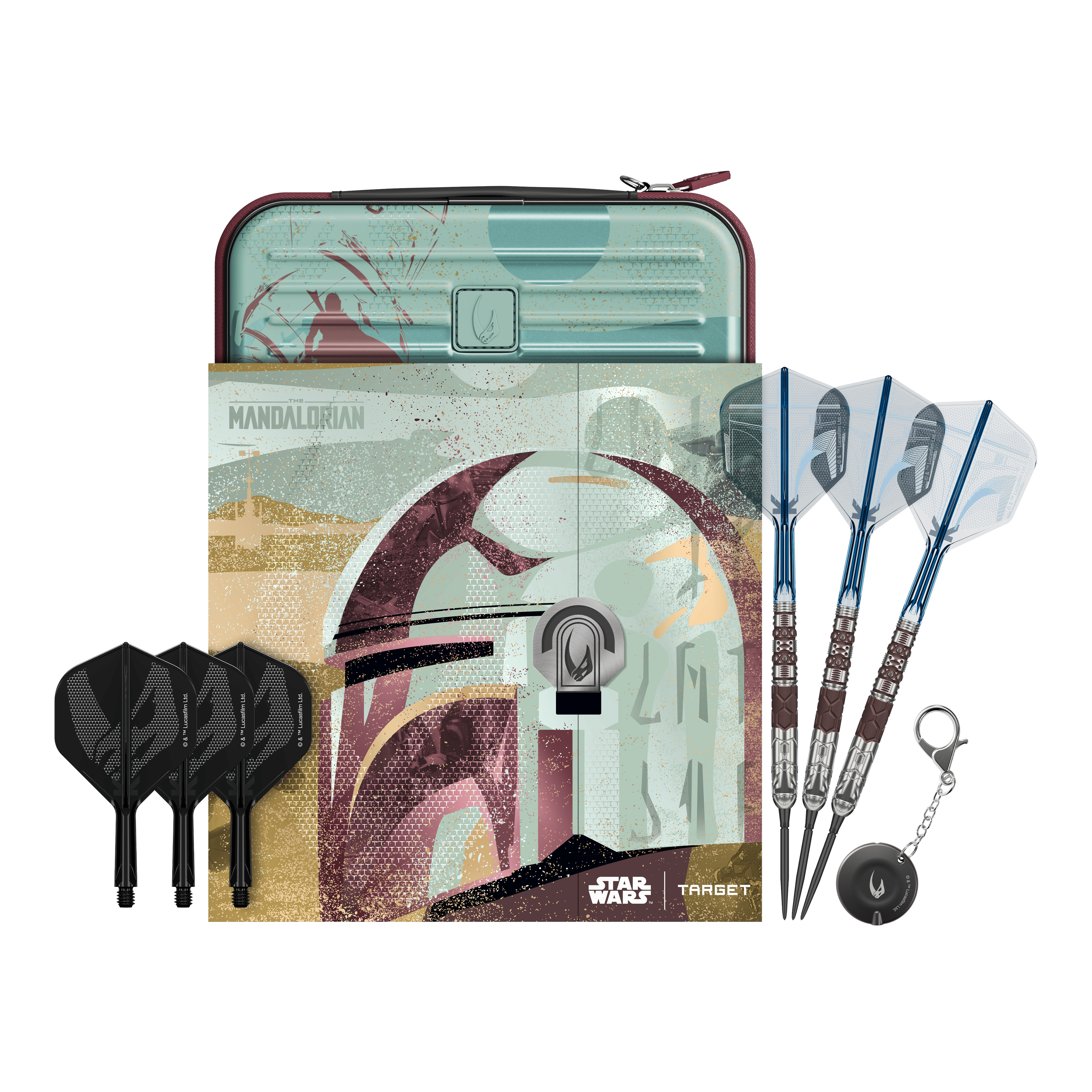 Abgebildet sind Target Star Wars Mandalorian 95 Swiss Point Steeldarts. Diese Darts haben ein einzigartiges Mandalorian-Design.