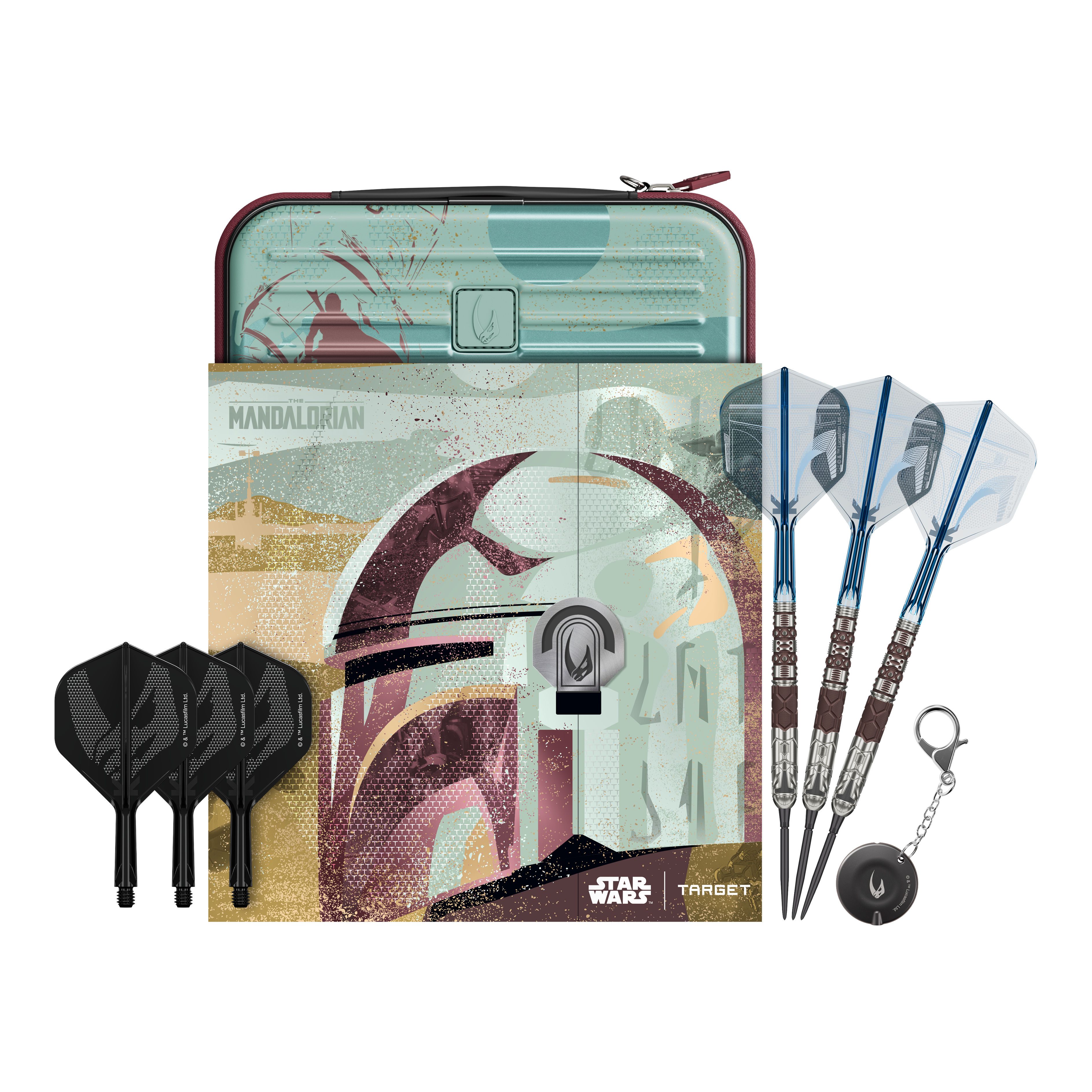 Target Star Wars Mandalorian 95 Swiss Point Steel Darts Abgebildet sind Target Star Wars Mandalorian 95 Swiss Point Steeldarts. Diese Darts haben ein einzigartiges Mandalorian-Design.