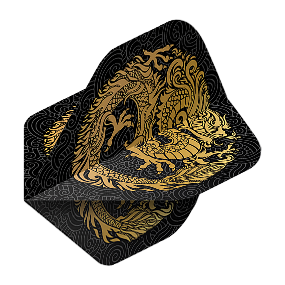 Pentathlon Flights Dragon black Auf dem Bild ist ein Pentathlon Dragon 2 Standard Flight zu sehen. Das Flight ist schwarz und mit einem goldenen Drachen verziert.