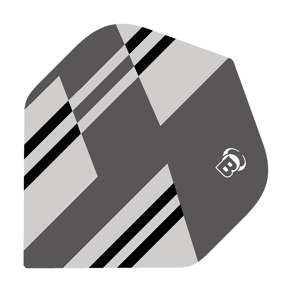 Bulls B-Star Tac No2 Standard Flights Das Bild zeigt das Produkt "Bulls B-Star Tac No2 Standard Flights". Das Flight ist grau mit schwarzen und weißen Streifen und hat ein modernes, geometrisches Design.