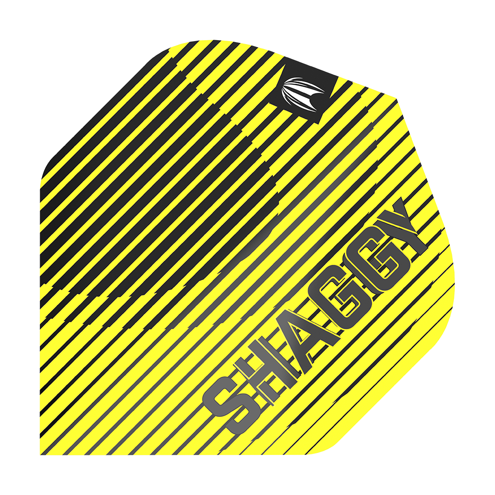 TG112_330220_Target_ProUltra_Scott_Williams_No2_Standard_Flights_1 Das Bild zeigt ein Dartflight mit gelb-schwarzen diagonalen Streifen. Auf dem Flight steht in großen Buchstaben das Wort "SHAGGY".