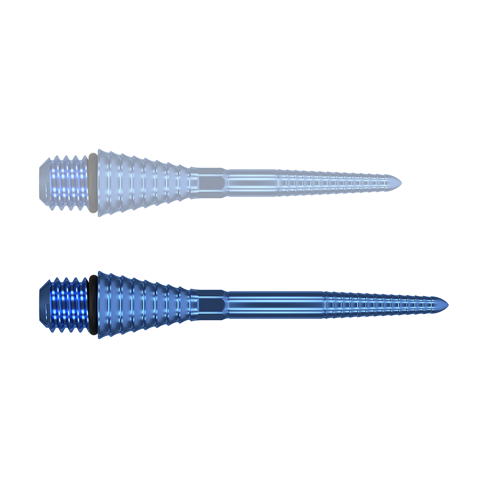 380177_Target_Titanium_Swiss_Point_Grooved_Conversion_Points_Blau_30mm_1K4jXXPlE7y5MK Das Bild zeigt zwei blaue, gerillte Titanspitzen mit Schraubgewinde. Sie sind länglich und haben eine konische Form.