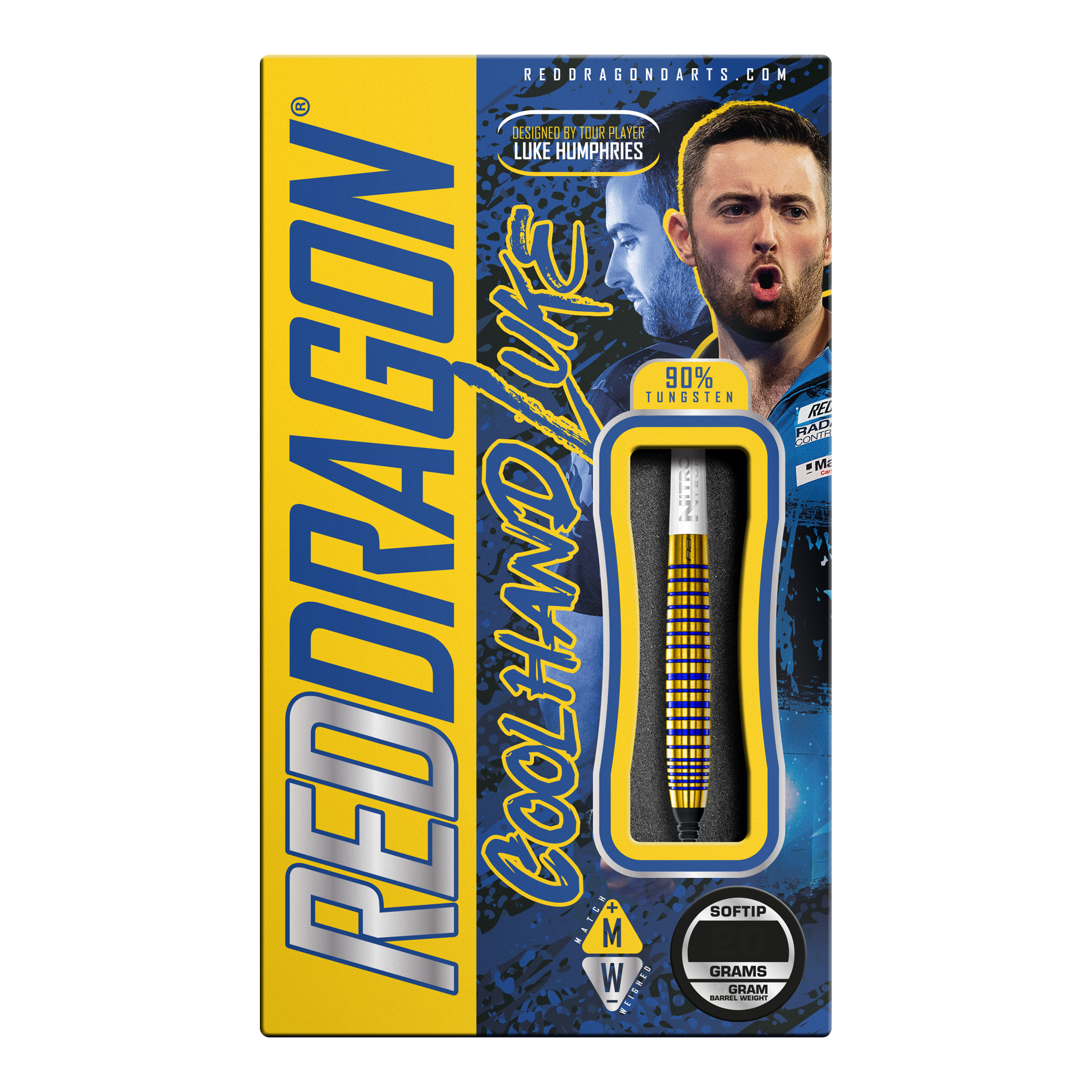 Die Verpackung zeigt die "Red Dragon Luke Humphries TX3 Gold SE Softdarts - 20g". Auf der Box sind ein Dartpfeil, das Bild eines Spielers und auffällige gelbe und blaue Grafiken zu sehen.