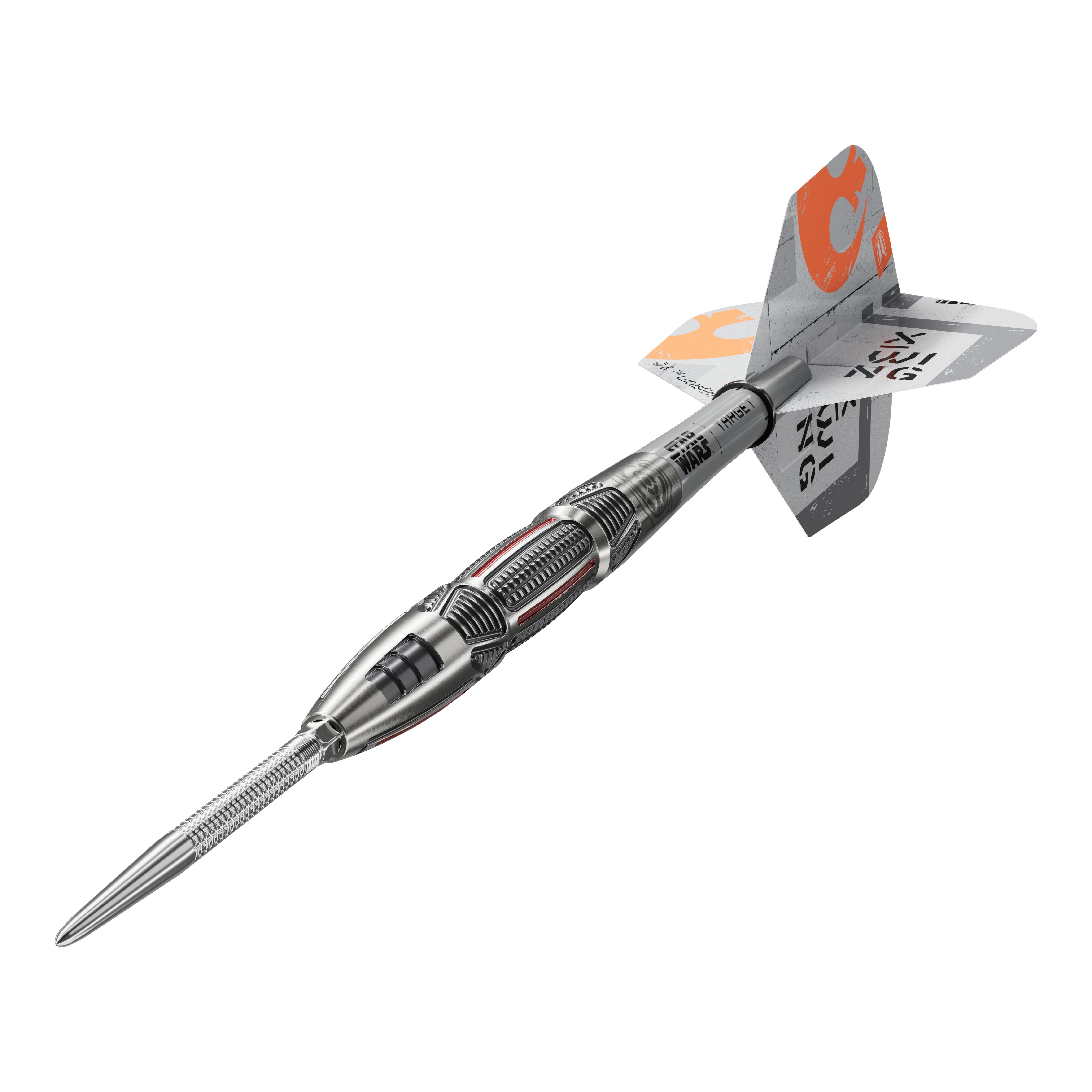 Target Star Wars X-Wing Swiss Point Steel Darts Target Star Wars X-Wing Swiss Point Steeldarts sind hochwertige Steeldarts mit X-Wing-Design. Das Bild zeigt die Darts aus einer Detailperspektive.