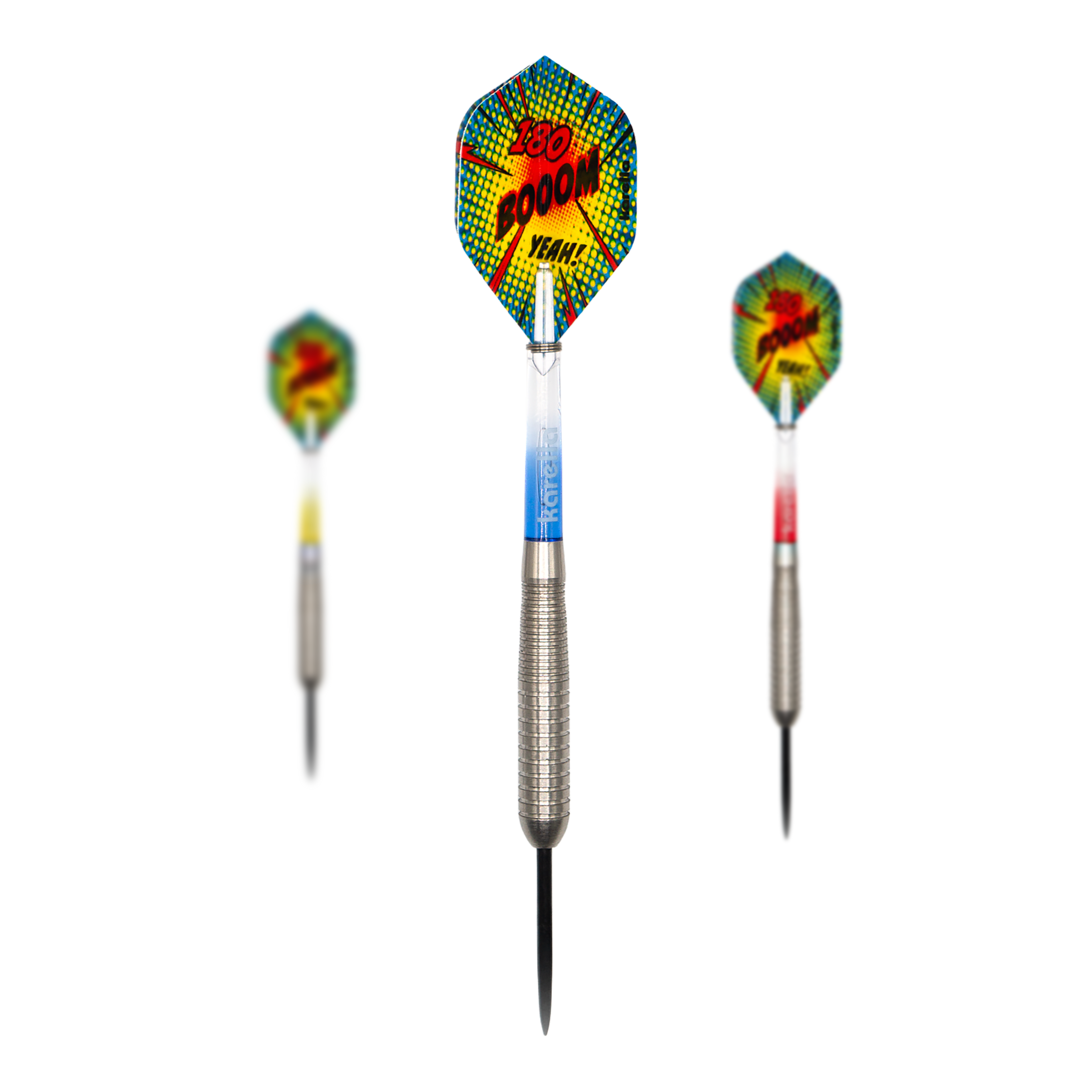 Zu sehen ist ein Set der Karella Comic Line CL-4 Steeldarts - 23g. Das Set eignet sich für Einsteiger und fortgeschrittene Spieler.