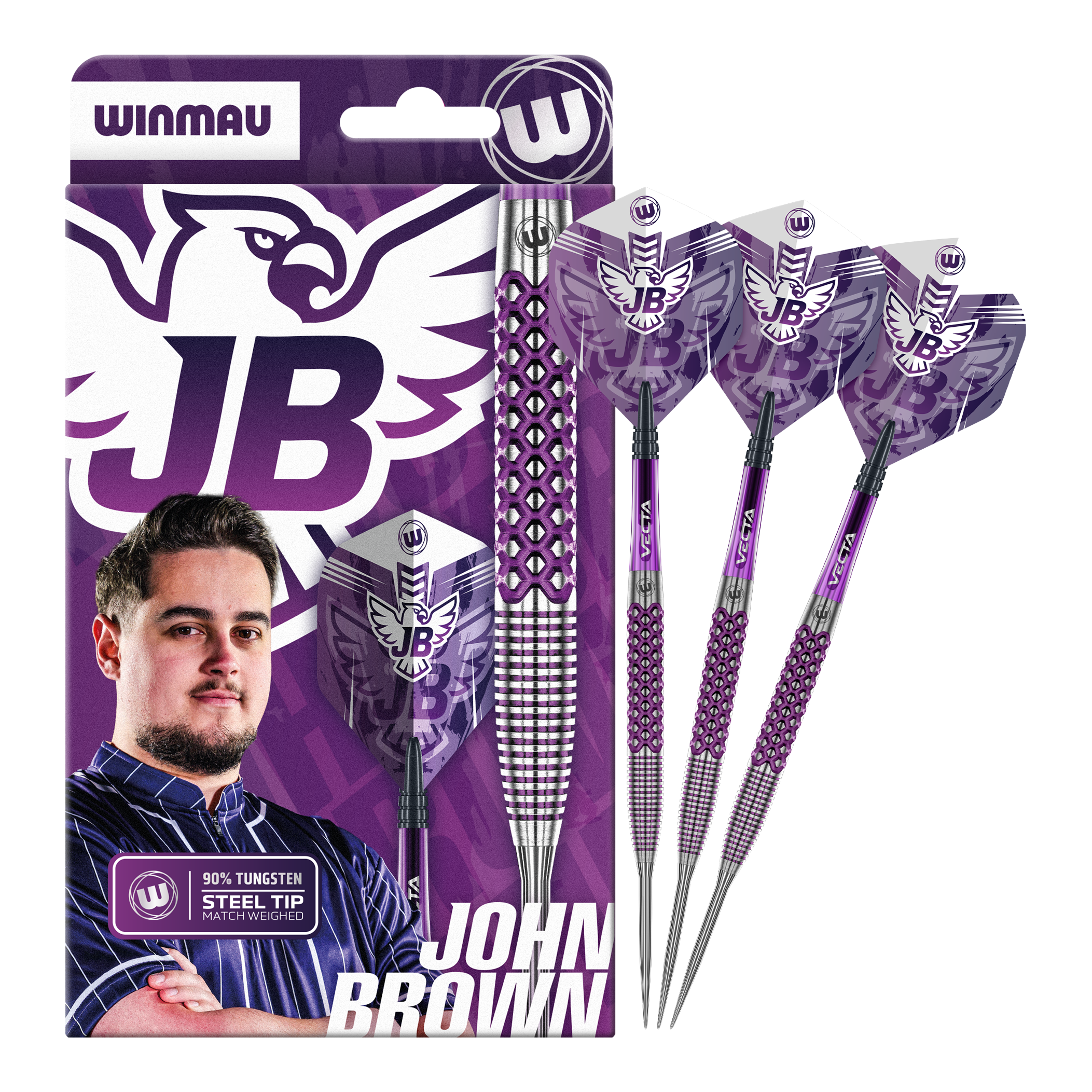 Zu sehen ist das komplette Winmau John Brown Signature Edition Steeldarts - 23g Set. Dieses Produkt steht für Präzision und Qualität im Dartspiel.