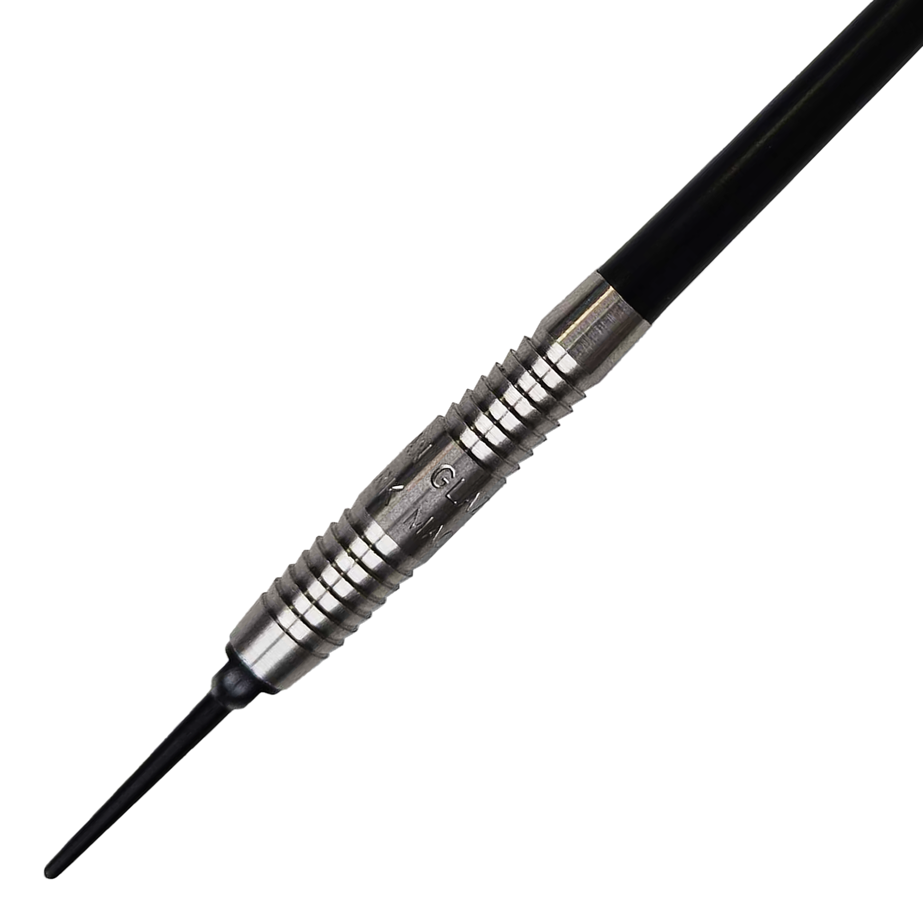 McKicks Alam Glazier Shark Machine Soft Darts Das Bild zeigt einen McKicks Alam Glazier Shark Machine Softdart. Der Dartpfeil hat eine silberne Griffzone mit Rillen und eine schwarze Spitze.