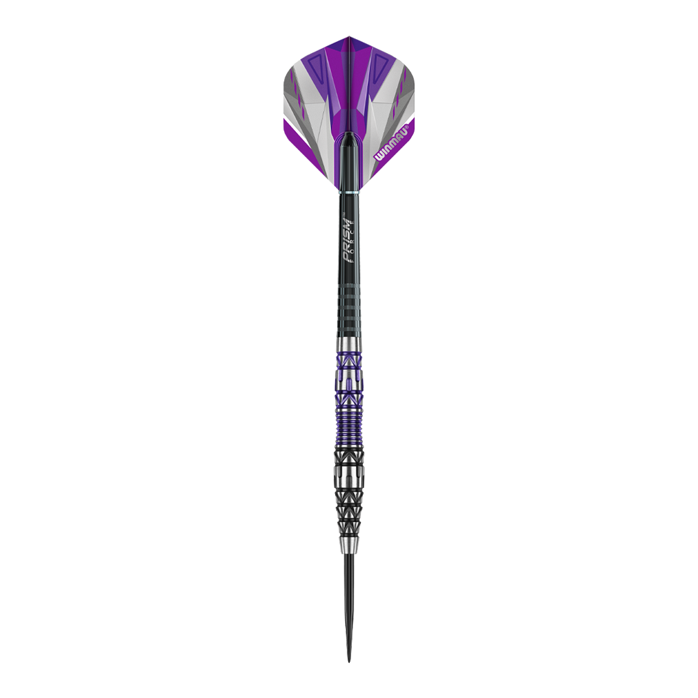 Winmau Simon Whitlock Special Edition 2020 steel darts Das Bild zeigt den Winmau Simon Whitlock Special Edition 2020 Steeldart. Der Dart hat ein auffälliges Design mit lila, schwarzen und silbernen Akzenten.