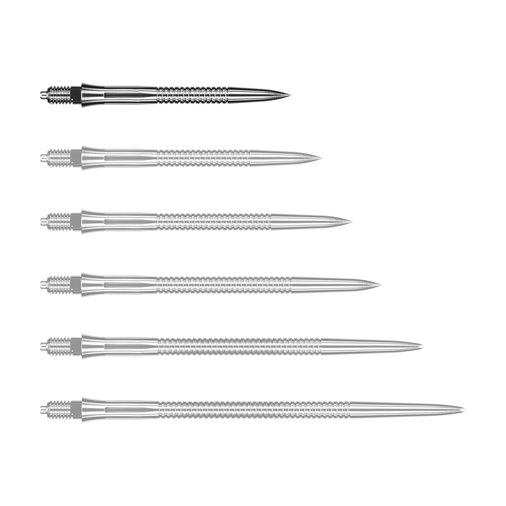 Das Bild zeigt eine silberne Dartspitze mit Rillen. Die Dartspitze ist 28 mm lang.