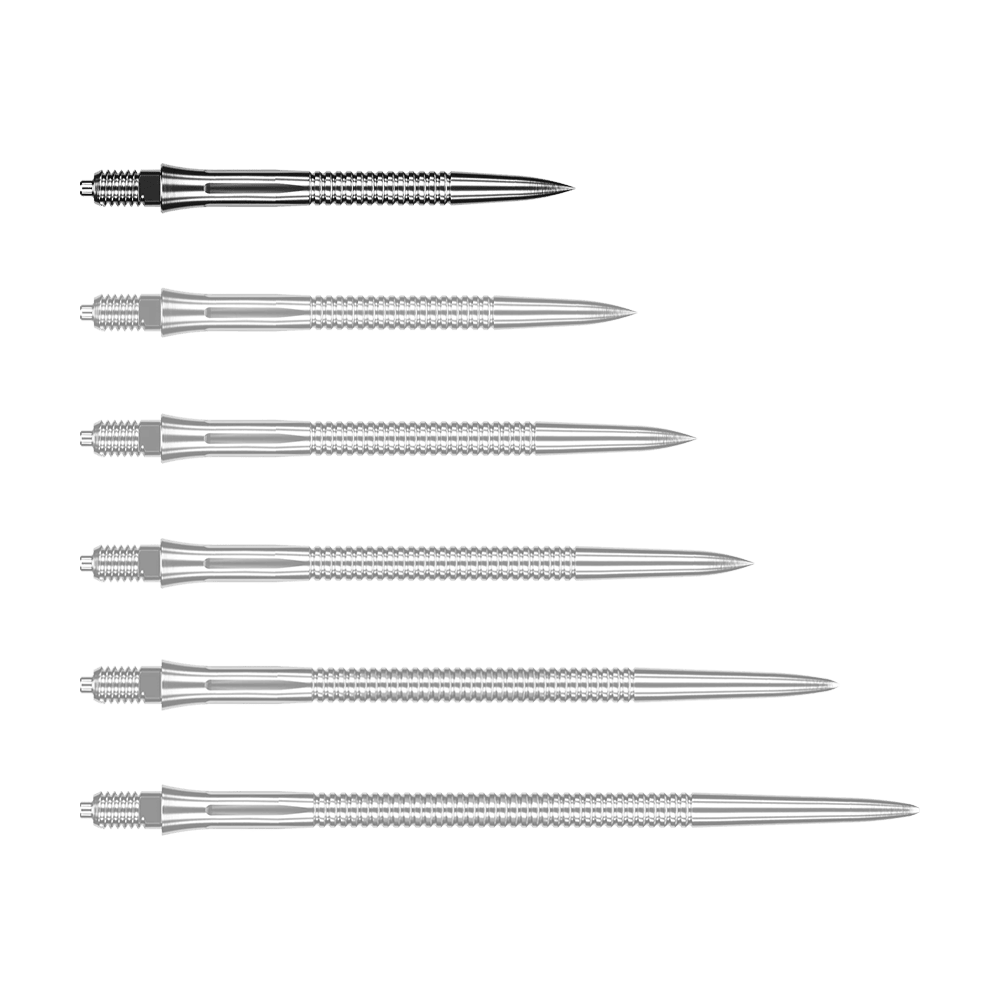 Caliburn EZ-EVO dart tips - Grooved - Silver Das Bild zeigt eine silberne Dartspitze mit Rillen. Die Dartspitze ist 28 mm lang.