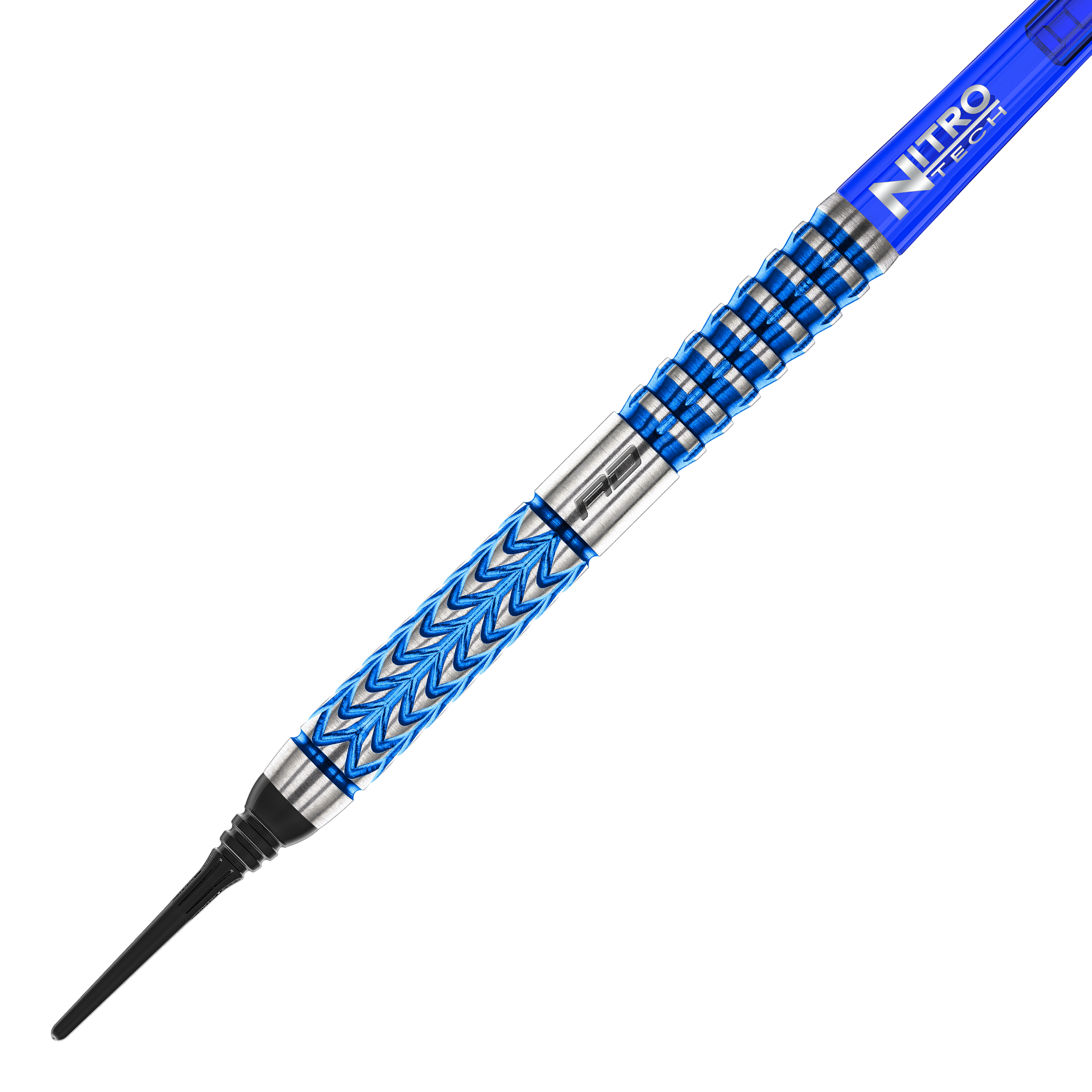 Red Dragon Gerwyn Price Glacier Softdarts - 18g Das Bild zeigt einen Red Dragon Gerwyn Price Glacier Softdart mit einem Gewicht von 18g. Der Dart hat ein auffälliges blau-silbernes Design und eine schwarze Kunststoffspitze.