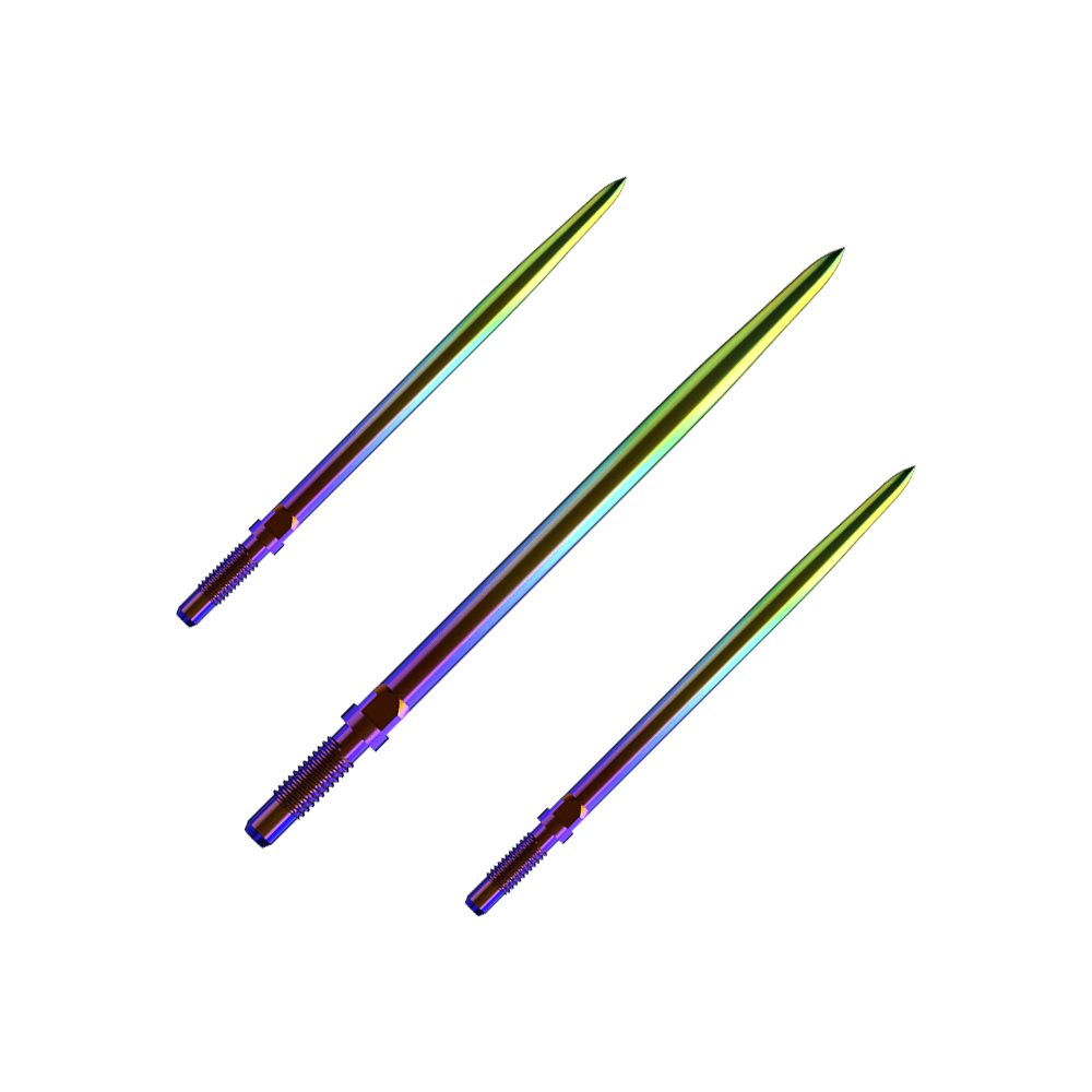 Bulls NL Convertible Point Dart Tips - Smooth - Rainbow Ein Bild mit dem Dateinamen BU57716_BullsNL_Convertible_Points_Smooth_Rainbow_36mm_1Set. Es zeigt wahrscheinlich ein Set von Dartspitzen in Regenbogenfarben.