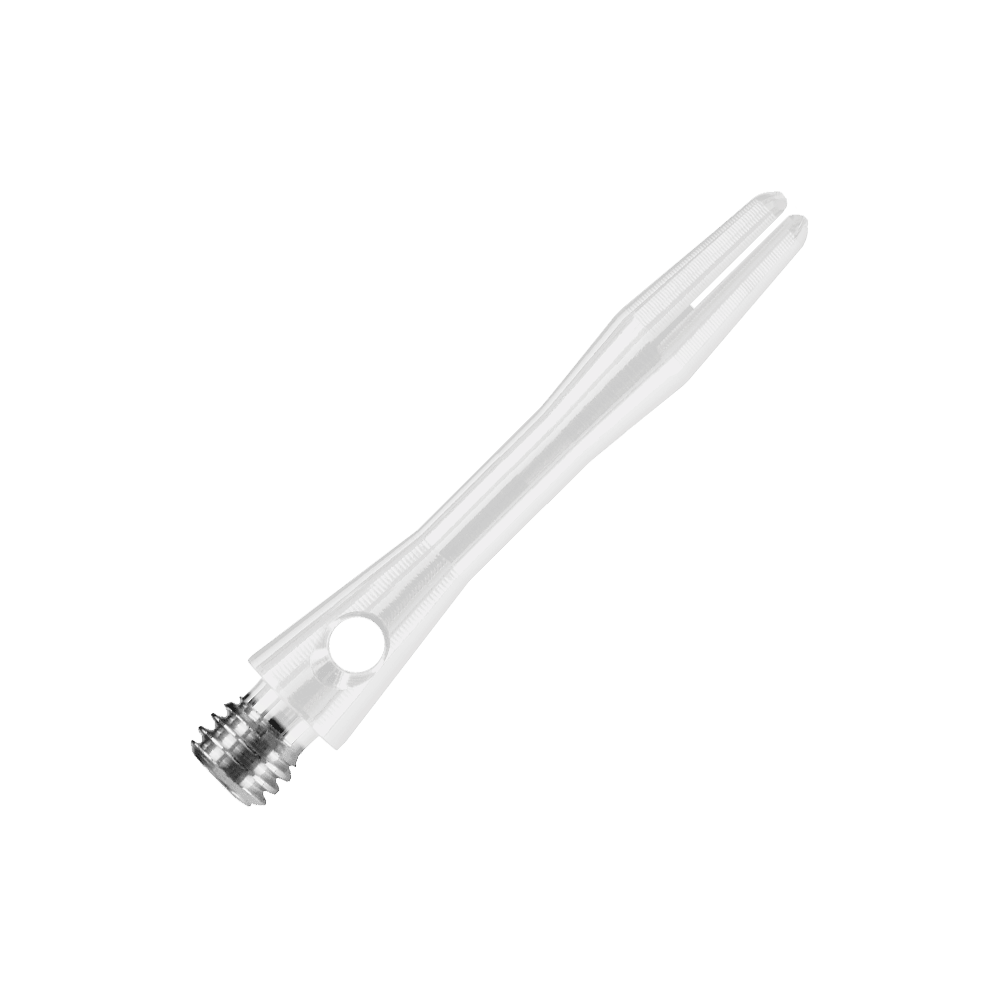 Das Bild zeigt einen weißen Harrows Keramic Shaft für Dartpfeile. Der Schaft hat ein glattes, leicht durchsichtiges Design mit einem Metallgewinde am Ende.