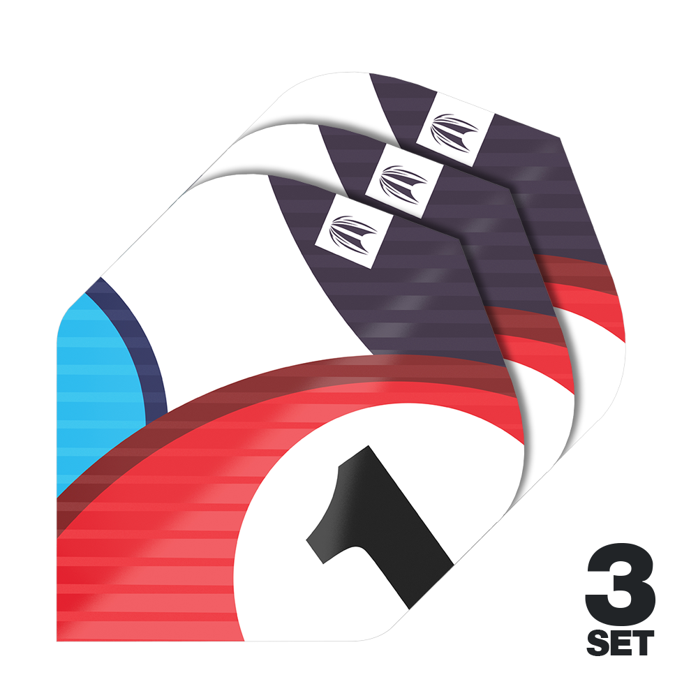 Target Pro Ultra Chicane Blue No2 Standard Flights - 3 sets Das Bild zeigt drei Sätze von Target Pro Ultra Chicane Blue No2 Standard Flights. Die Flights sind bunt gestaltet und rechts unten steht "3 Set".