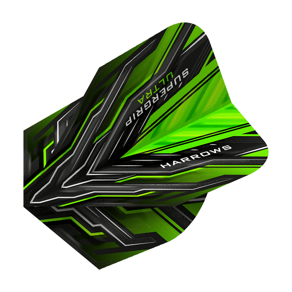 HR11_Harrows_Supergrip_Ultra_Green_Standard_Flights_2 Harrows Supergrip Ultra Green Standard Flights im modernen Stil. Die Flights liegen als Gruppe aus.