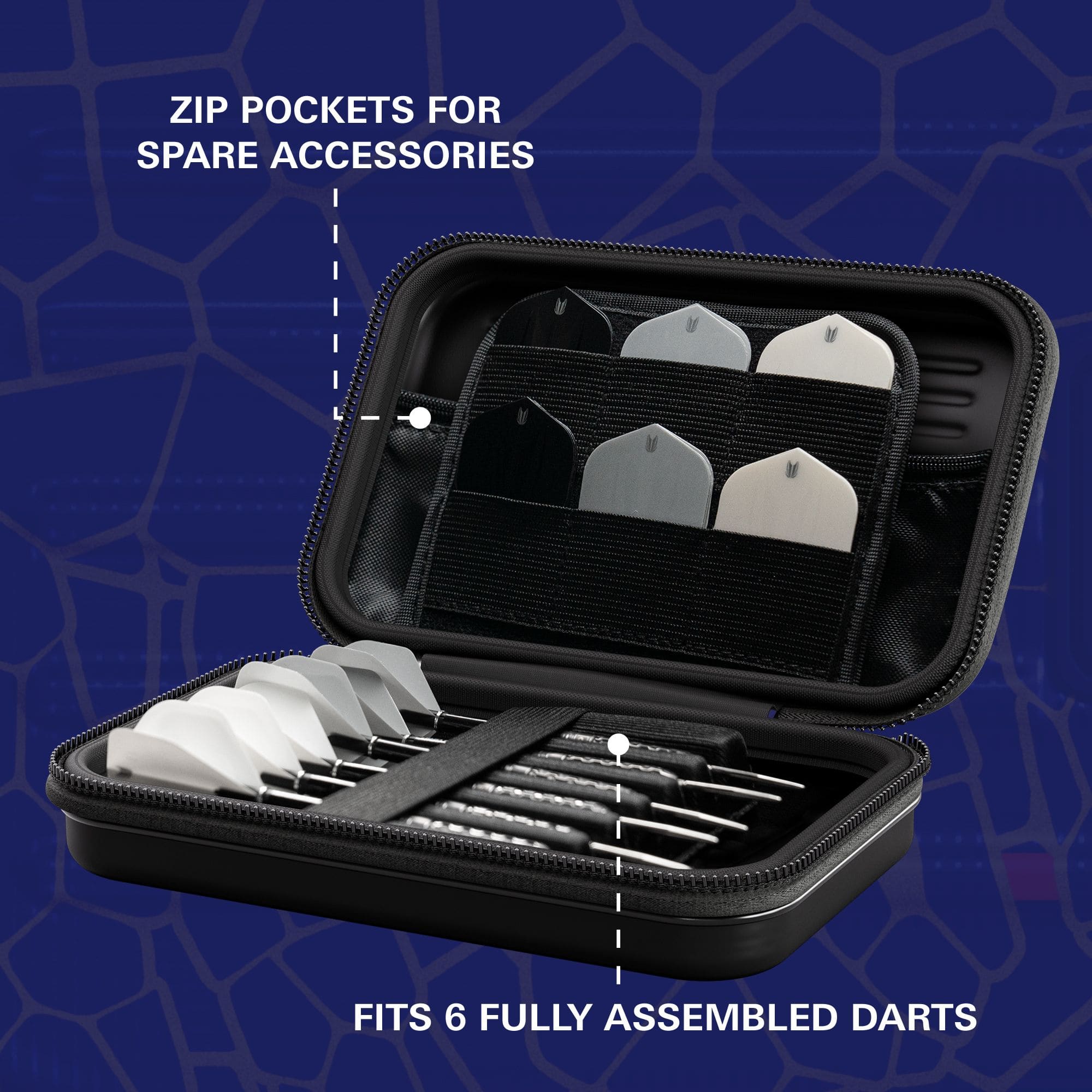 Target Takoma Josh Rock XL dart case Das Bild zeigt das Produkt "Target Takoma Josh Rock XL Dartcase". Es bietet Platz für sechs vollständig montierte Darts und hat Reißverschlusstaschen für Ersatz-Zubehör.