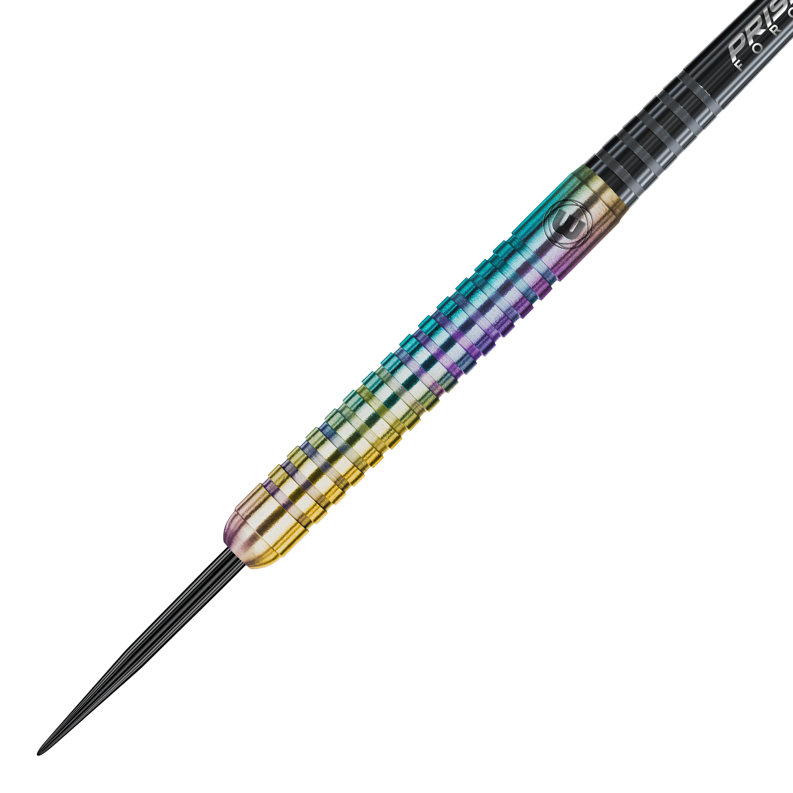 Winmau Foxfire Urban steel darts Das Bild zeigt einen Winmau Foxfire Urban Steeldart. Der Dartpfeil hat einen schillernden, mehrfarbigen Schaft mit Rillen für besseren Halt.
