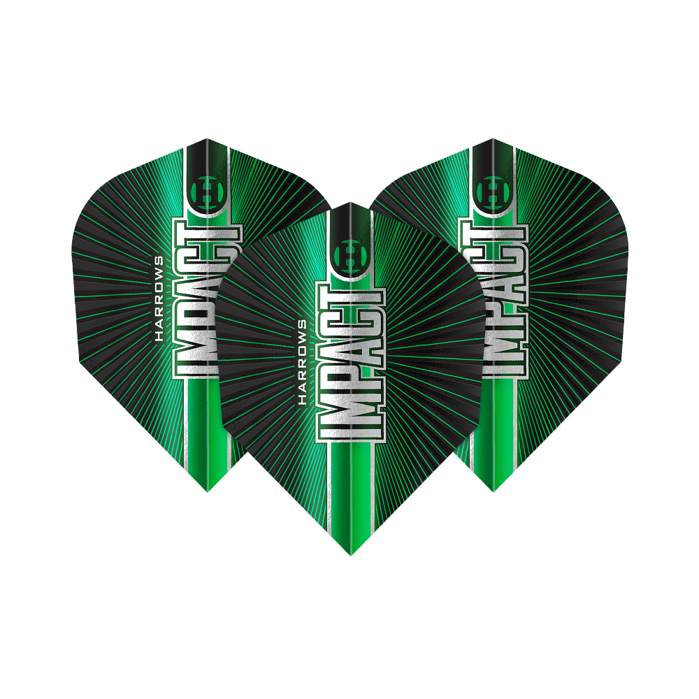 Gezeigt werden die Harrows Impact No6 Flights. Dieses Produkt sind spezielle Flights für Darts mit besonderer Stabilität.