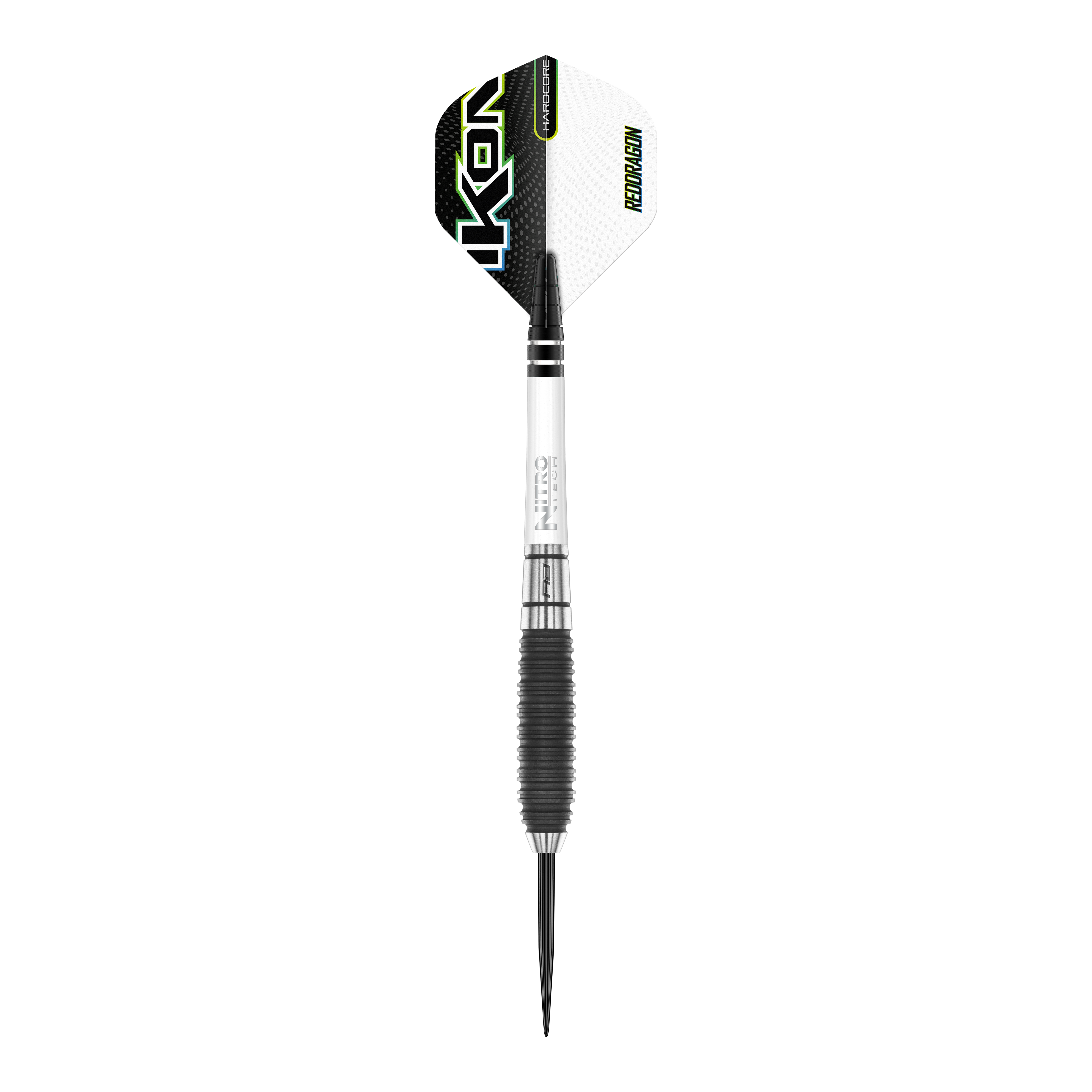 Red Dragon Ikon 3 Steeldarts Das Bild zeigt einen Red Dragon Ikon 3 Steeldart. Der Dart ist schwarz, silber und weiß gestaltet, mit einem markanten Schriftzug auf den Flights.