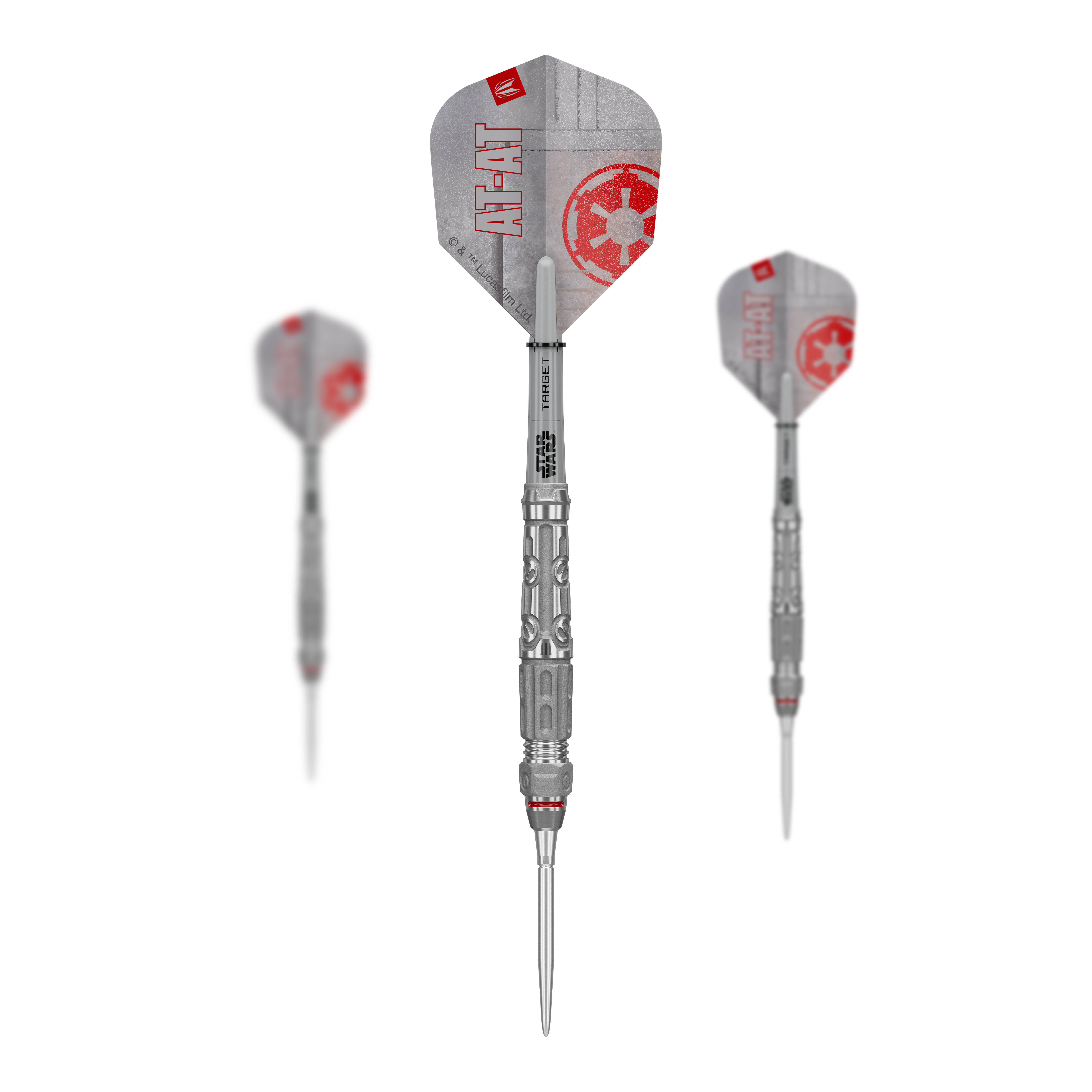 Target Star Wars AT-AT Swiss Point steel darts Auf dem Bild ist das Produkt Target Star Wars AT-AT Swiss Point Steeldarts im Set zu sehen. Es zeigt die Zusammenstellung der Dartpfeile in ihrer Verpackung.