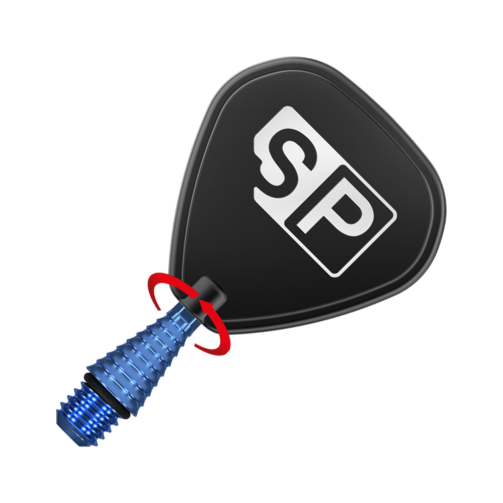 380176_Target_Titanium_Swiss_Point_Grooved_Conversion_Points_Blau_3 Das Bild zeigt eine Dartspitze mit einem schwarzen Flightschutz und der Aufschrift „SP“. Die blaue, gerillte Spitze wird durch einen roten Pfeil in einer Drehbewegung dargestellt.
