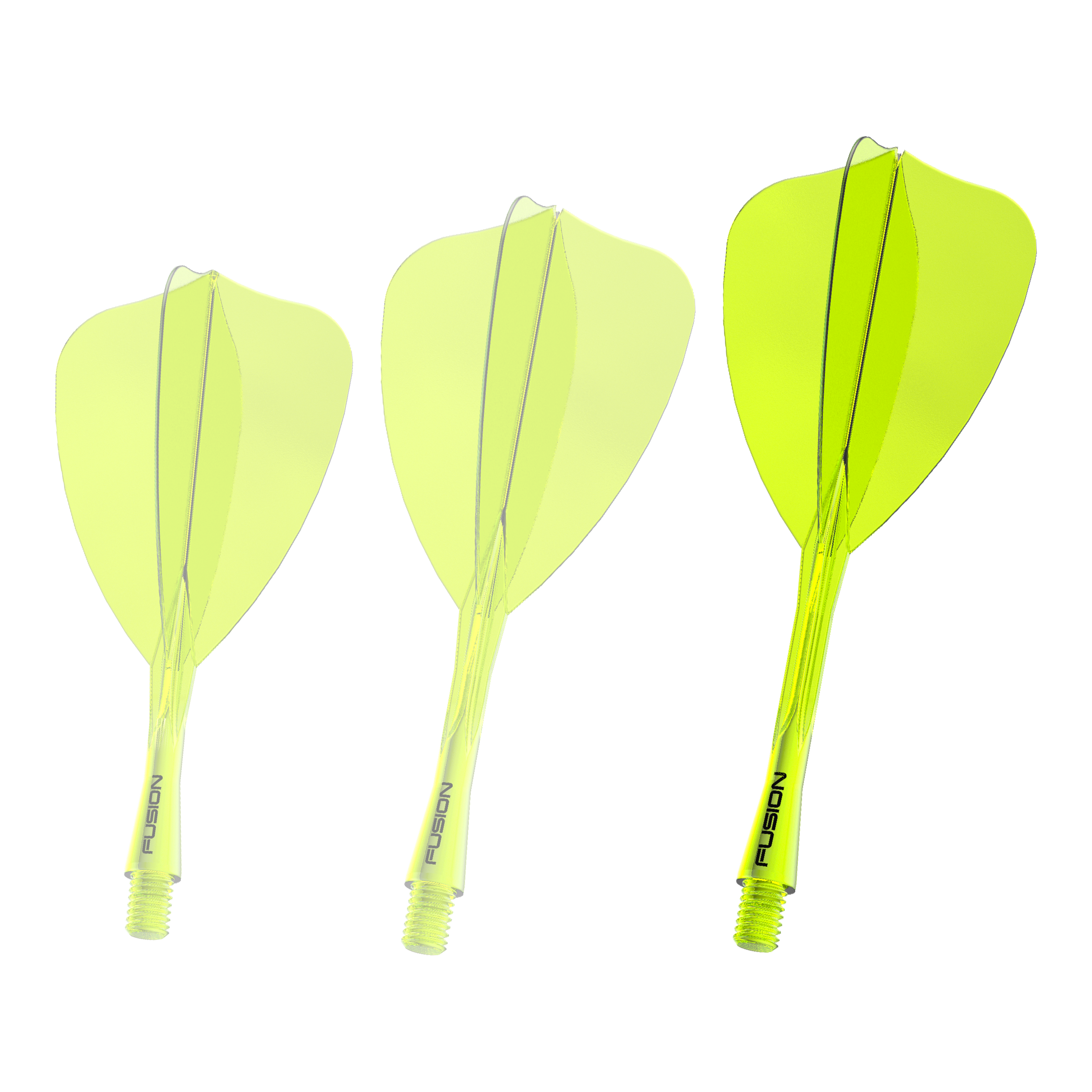 Abgebildet ist erneut das Winmau Fusion Flight Shaft System in Neon-Gelb, 34mm lang. Dieses Produkt wird für das Zusammensetzen von Dartpfeilen verwendet.
