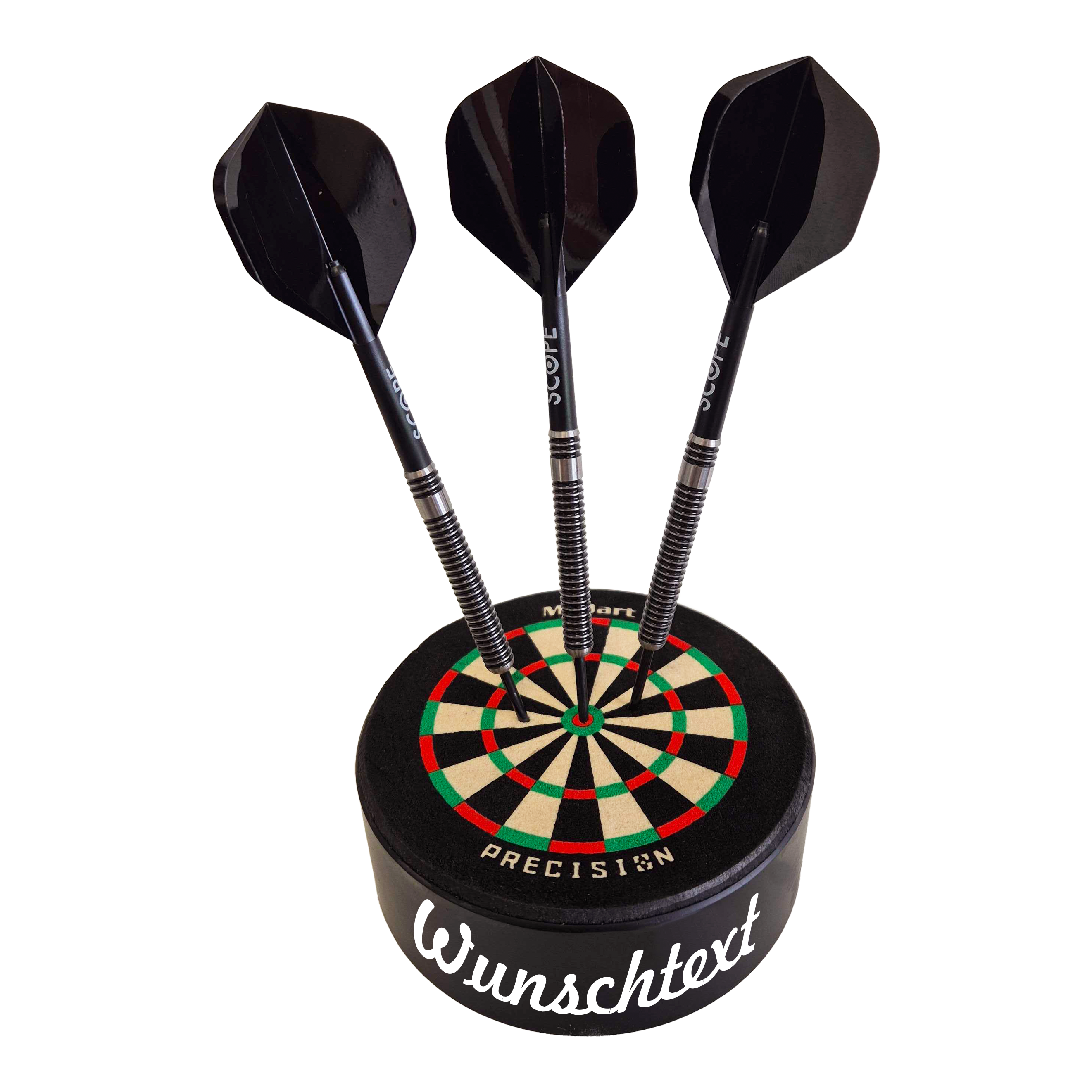 McDart Precision Mini Dartboard with custom text Das Bild zeigt einen Artikel mit dem Dateinamen 765_McDart_Mini_Precision_Dartboard_Darthalter_1_Freehand521. Weitere Details zum Produkt sind nicht gegeben.