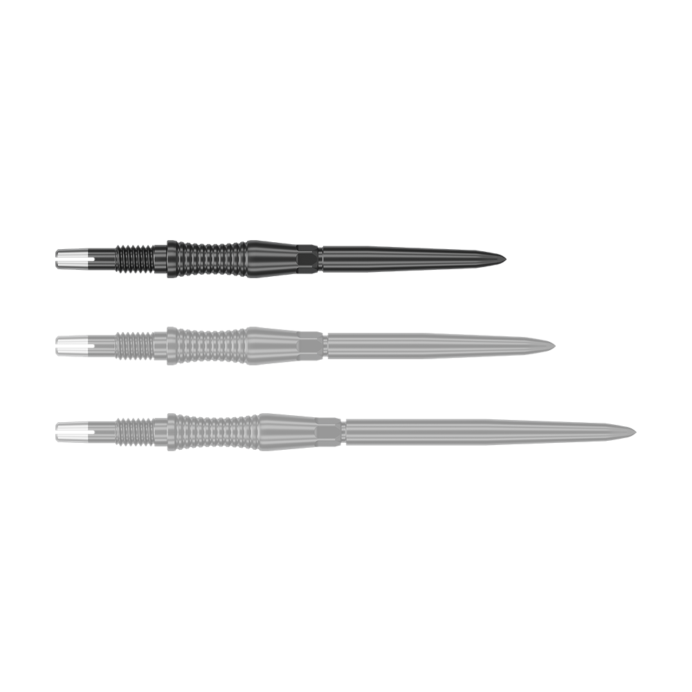 Das Bild zeigt eine Target Swiss Point Dartspitze Signature RST in Schwarz, 30mm. Die Dartspitze hat eine strukturierte Oberfläche und ein modernes Aussehen.
