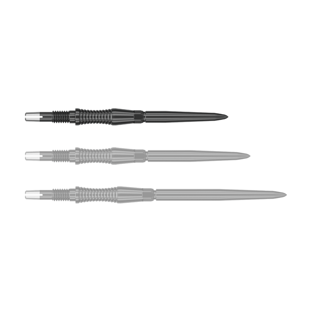 Target Swiss Point Dart Tips Signature RST - Black Das Bild zeigt eine Target Swiss Point Dartspitze Signature RST in Schwarz, 30mm. Die Dartspitze hat eine strukturierte Oberfläche und ein modernes Aussehen.