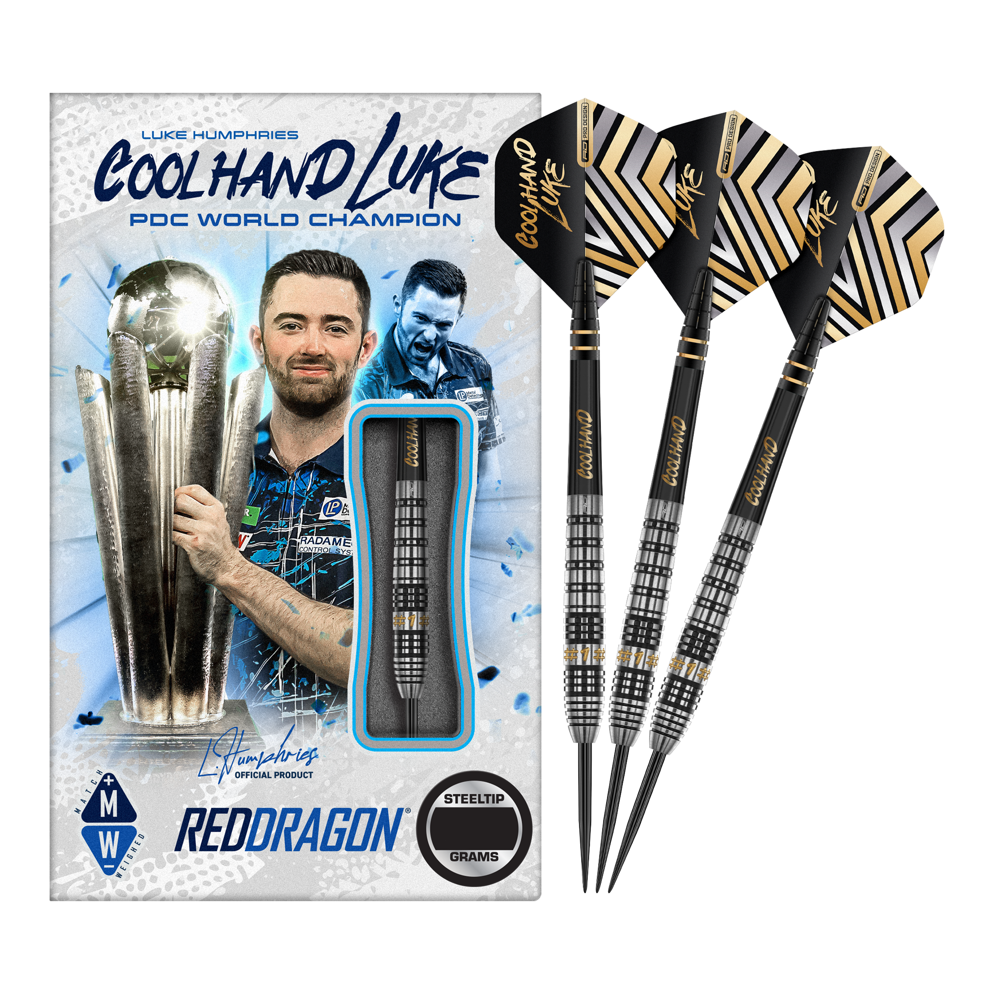Red Dragon Luke Humphries Prestige Steel Darts Das Bild zeigt eine Packung "Red Dragon Luke Humphries Prestige Steeldarts" mit einem Bild von Luke Humphries als PDC Weltmeister. Neben der Verpackung sind drei schwarz-silberne Steeldarts mit speziellen Flights abgebildet.