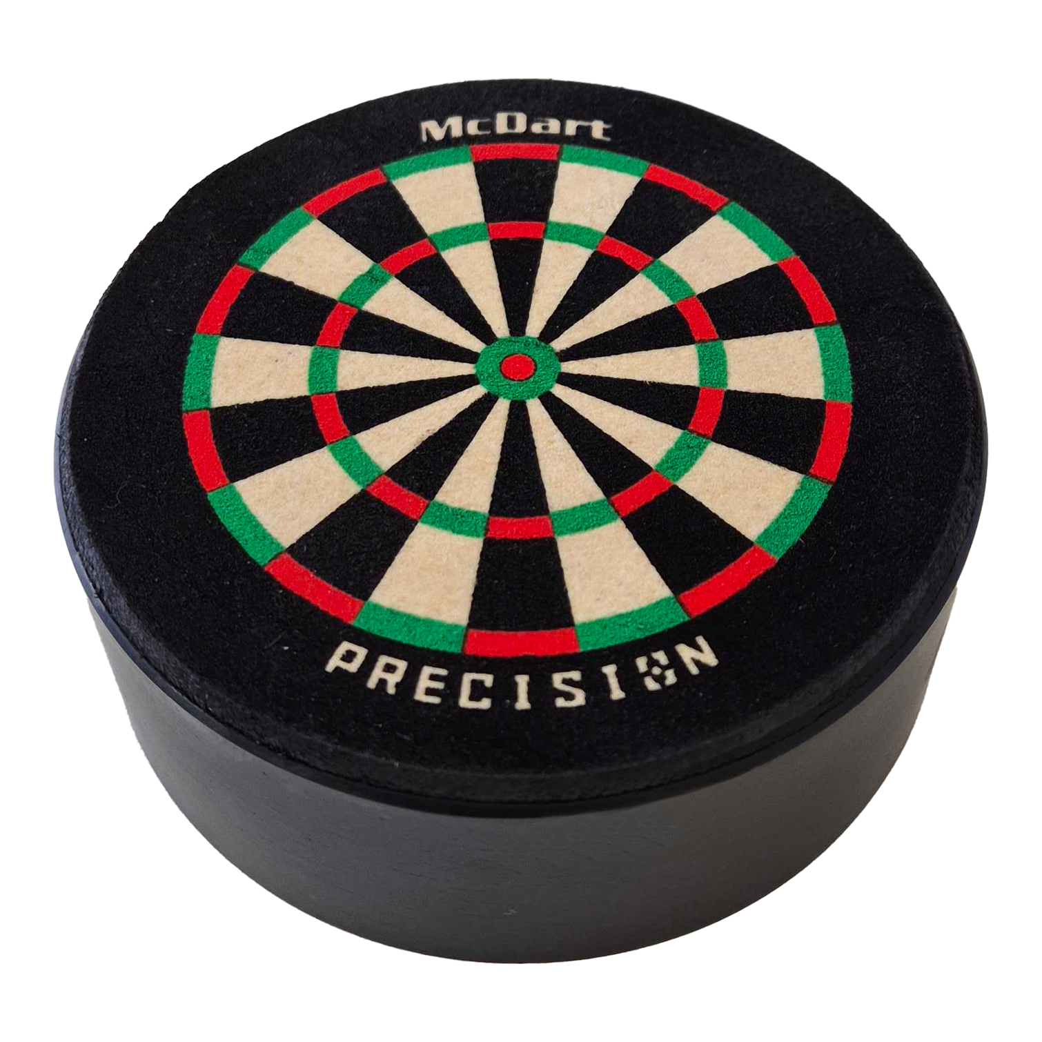 McDart Precision Mini Dartboard Dart Holder Das Bild zeigt die McDart Precision Mini Dartboard Darthalter. Es ist eine kleine, runde Dartscheibe mit farbigen Segmenten und dem Schriftzug "McDart Precision" darauf.