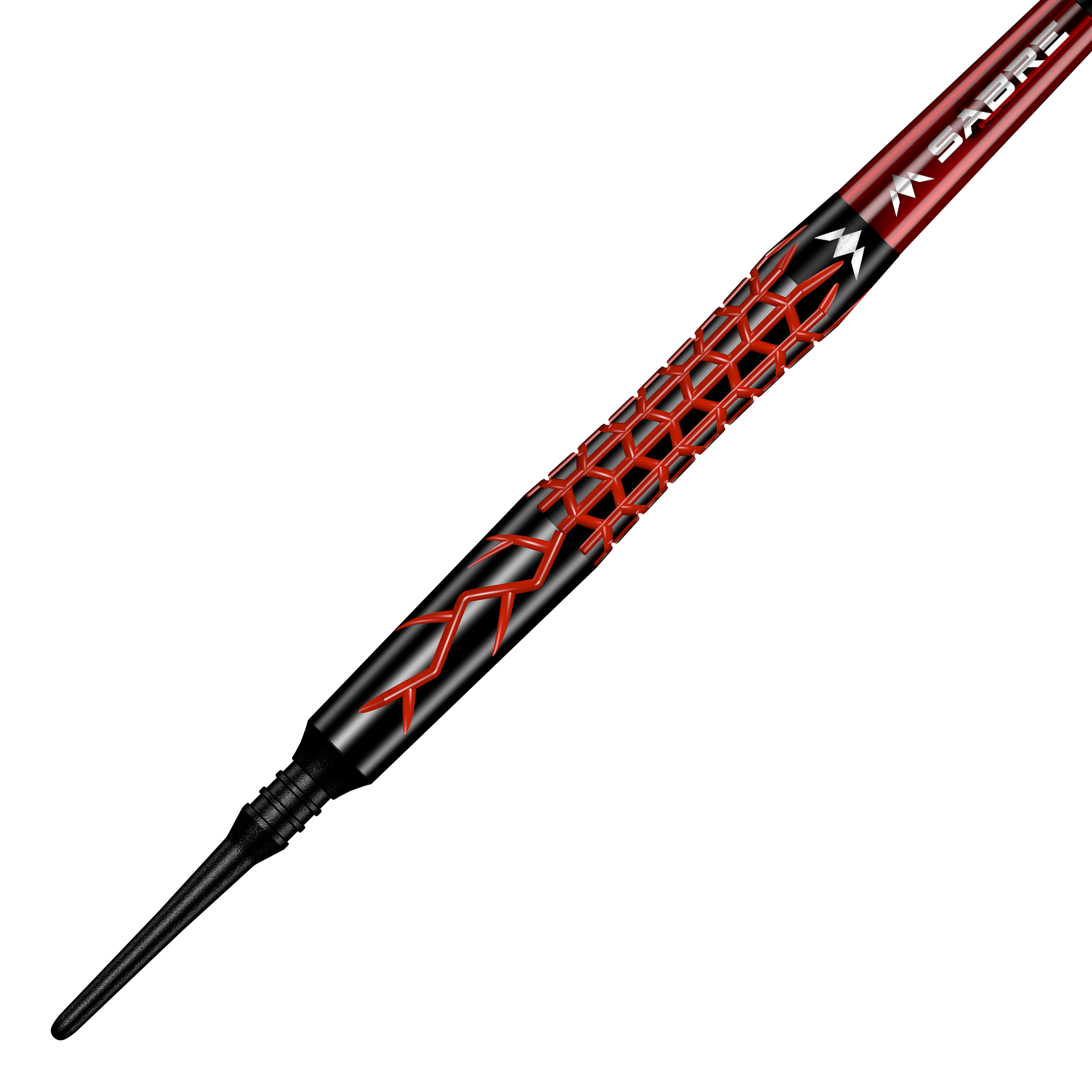 Mission Lava Softdarts - 20g Das Bild zeigt den Mission Lava Softdart mit einem Gewicht von 20 Gramm. Der Dartpfeil hat ein auffälliges schwarzes und rotes Design mit geometrischem Muster auf dem Griff.