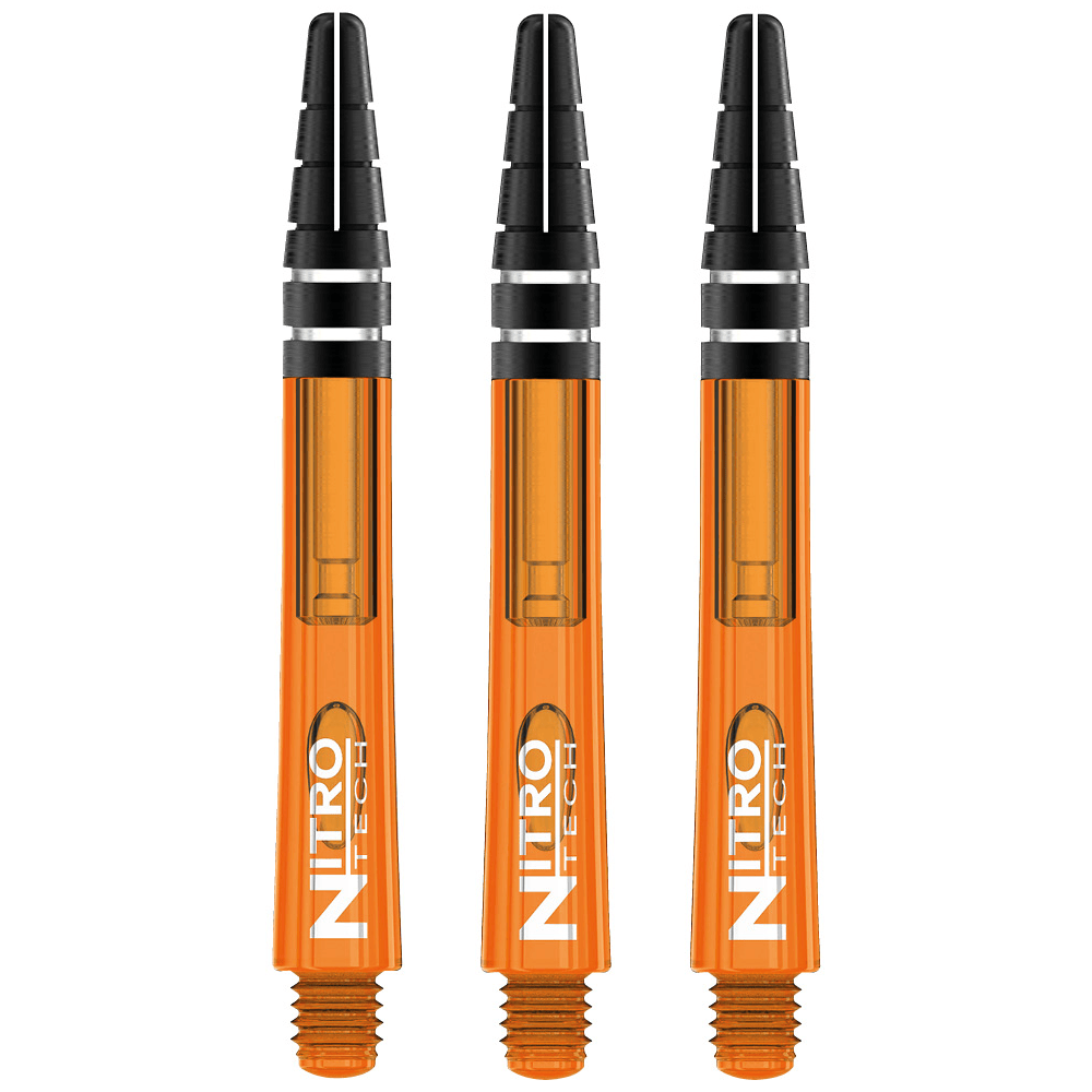 C523-Nitrotech-Orange-Medium-H Das Bild zeigt drei orangefarbene RedDragon Nitrotech Shafts. Sie sind speziell für Dartpfeile entworfen und haben schwarze Spitzen.