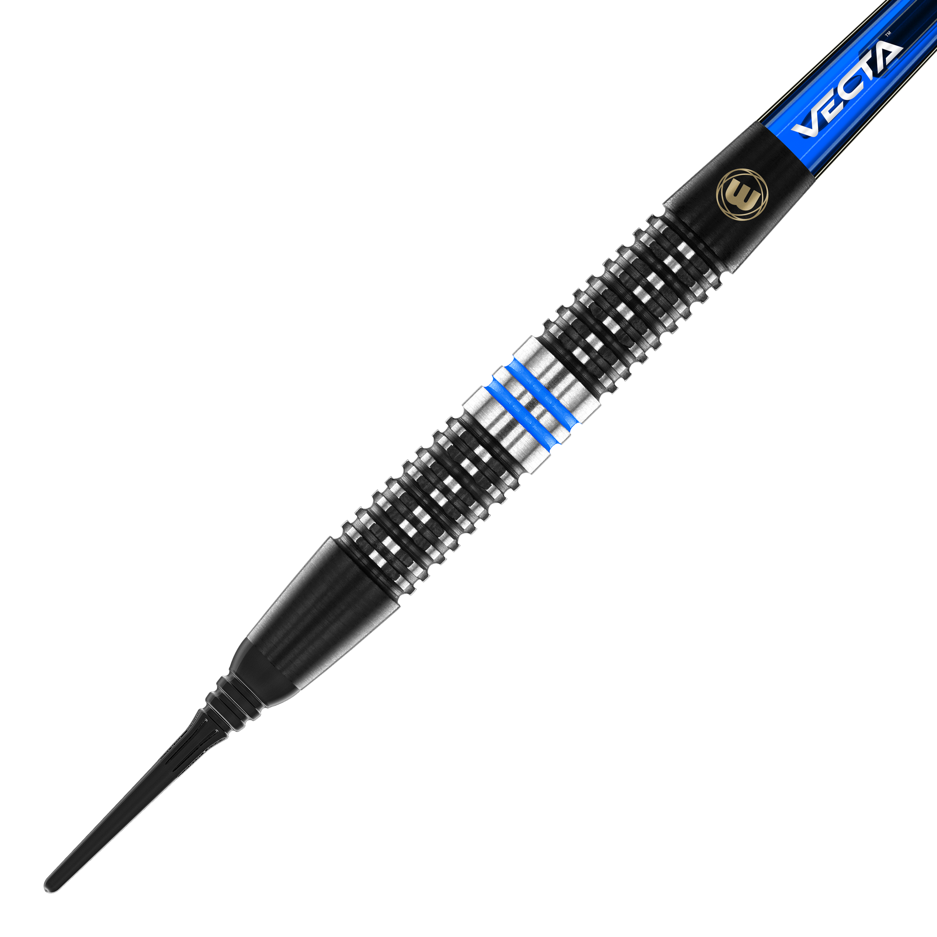 Winmau Galactics soft darts - 20g Das Bild zeigt einen Winmau Galactics Softdart mit einem Gewicht von 20 Gramm. Der Dart hat ein schwarzes Griffteil mit silbernen und blauen Akzenten.