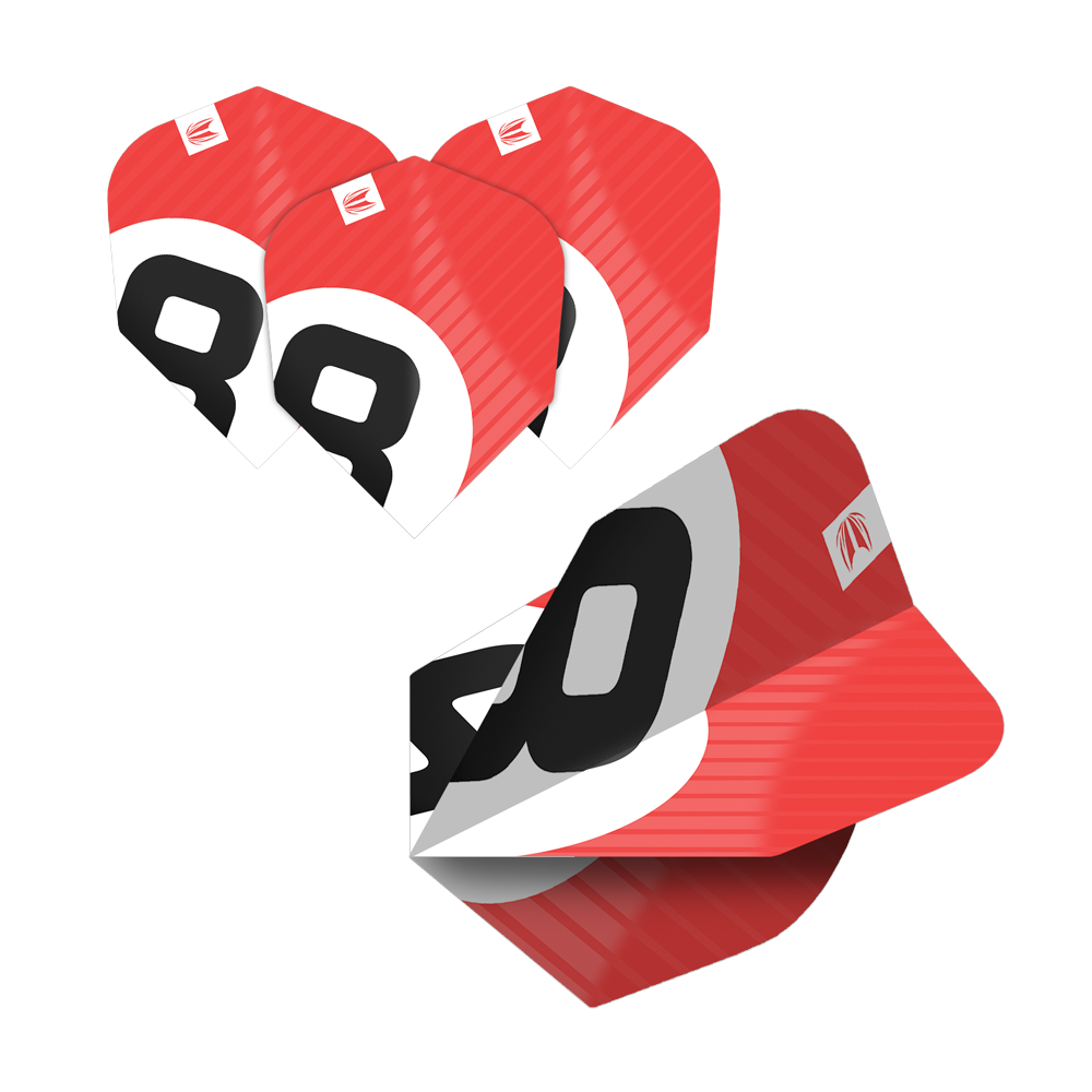 337205_Target_ProUltra_5Sets_Multipack_Chicane_No6_Flights_3d5hRqCNBEAbBb Das Bild zeigt fünf Sets der Target Pro Ultra Chicane Multipack No6 Flights. Die Flights sind rot, weiß und schwarz mit einer markanten Nummer und Logo gestaltet.