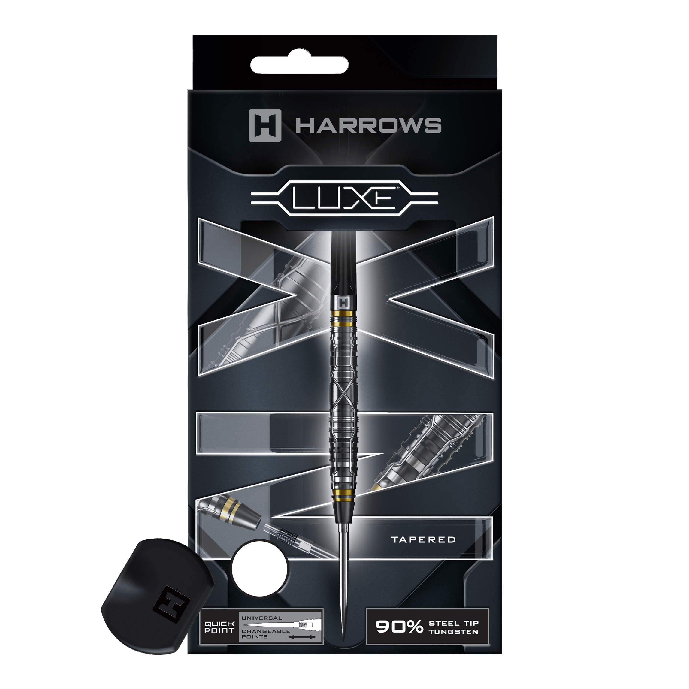 Harrows NX Luxe Tapered Quick Point Steeldarts Mehrere Steeldartpfeile mit zulaufender Form und feinem Profil sind zu sehen. Sie liegen nebeneinander auf einer hellen Fläche.