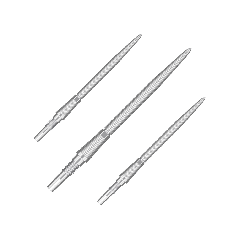 Target Swiss Storm Nano Point Dartspitzen - Silber Das Bild zeigt drei silberne Dartspitzen, die nebeneinander angeordnet sind. Sie haben eine feine Riffelung und sind aus Metall gefertigt.