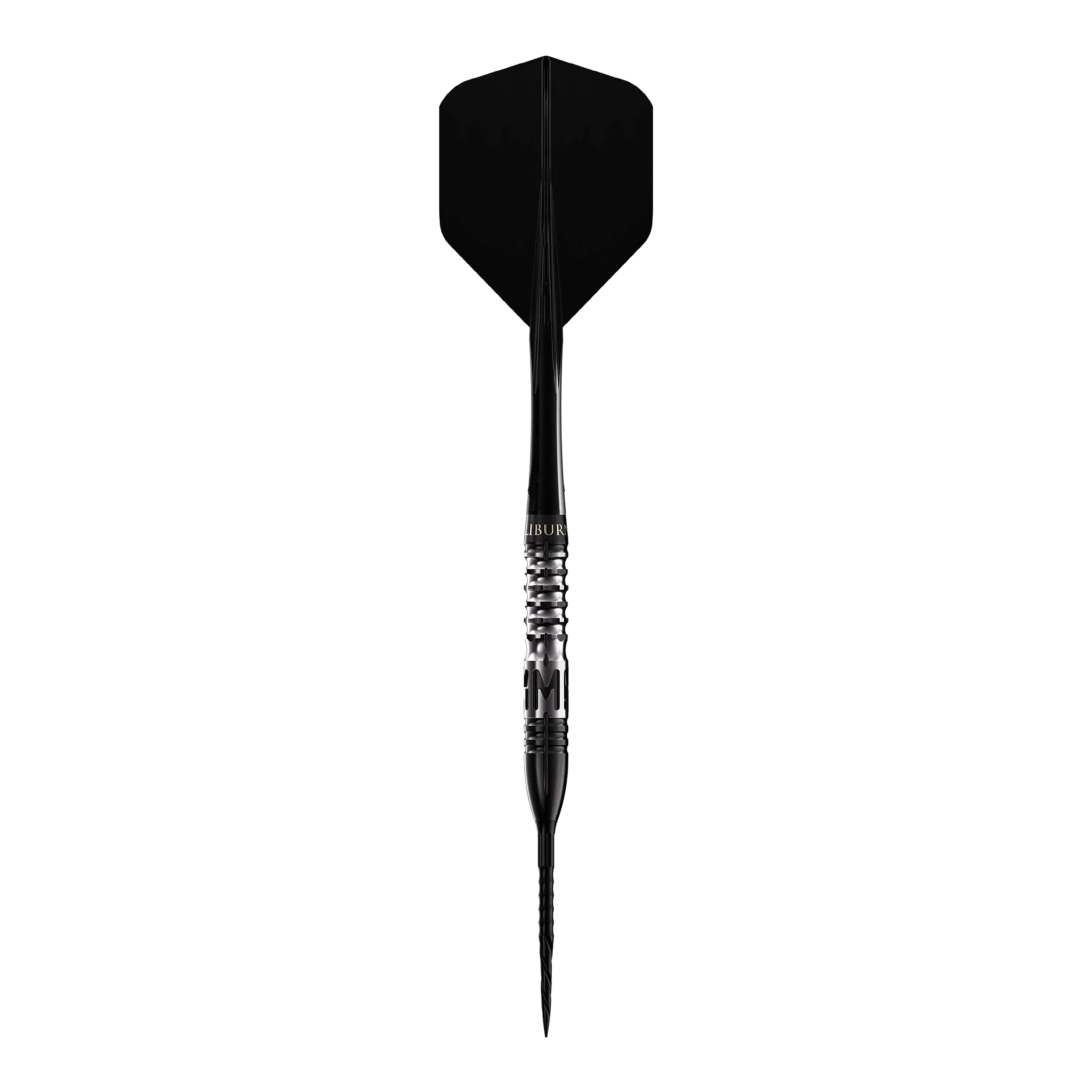 Caliburn Player MAK steel darts Das Bild zeigt einen Steeldart mit schwarzer Spitze und schwarzer Flugfahne. Es handelt sich um das Produkt "Caliburn Player MAK Steeldarts - 23,5g".
