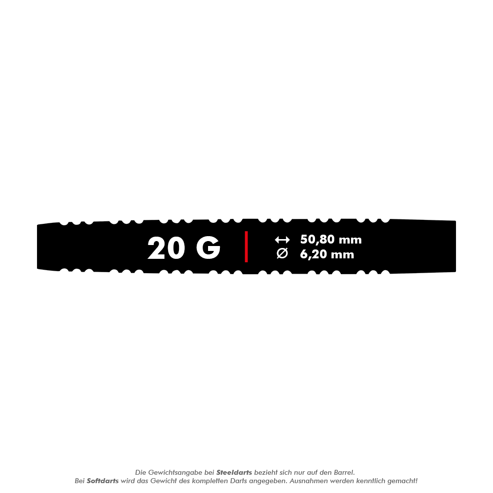 RD2386_Red_Dragon_Nirvana_Softdarts_5_20g Das Bild zeigt die Produktdetails der Red Dragon Nirvana Softdarts mit einem Gewicht von 20 Gramm. Die Darts haben eine Länge von 50,80 mm und einen Durchmesser von 6,20 mm.