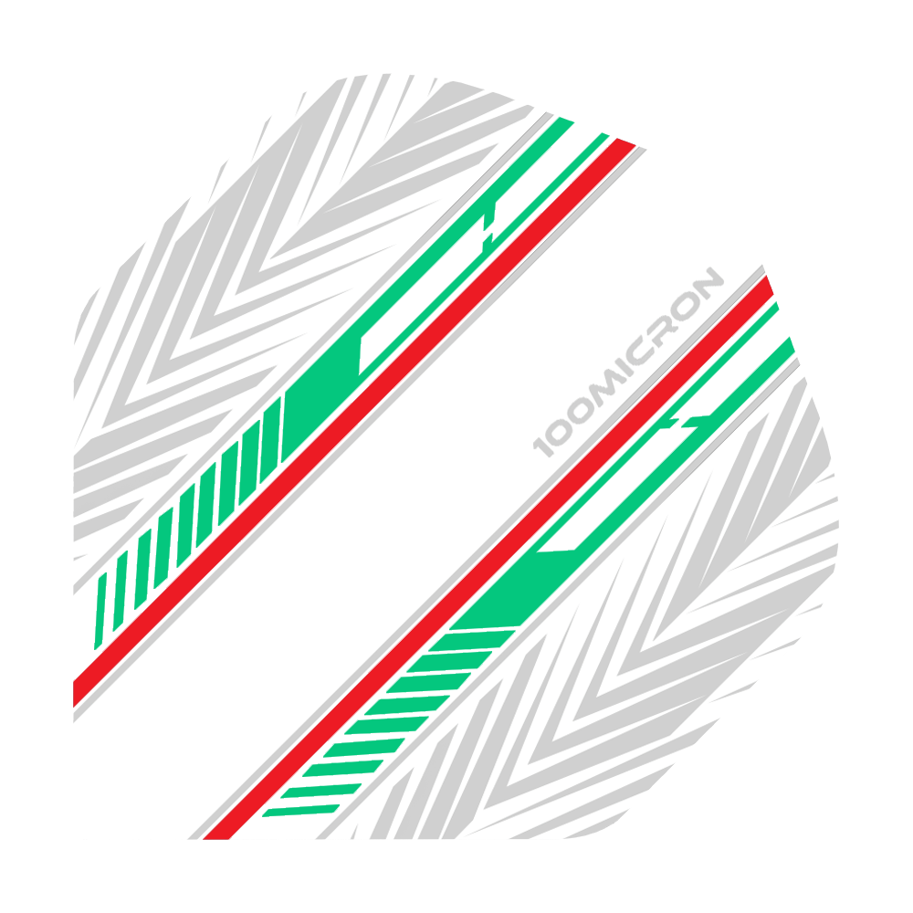 Pentathlon Flights white/green/red Das Bild zeigt einen Pentathlon White Green Red No2 Standard Flight für Darts. Das Design besteht aus weißen, grünen und roten Streifen sowie grauen Pfeilmustern auf weißem Hintergrund.