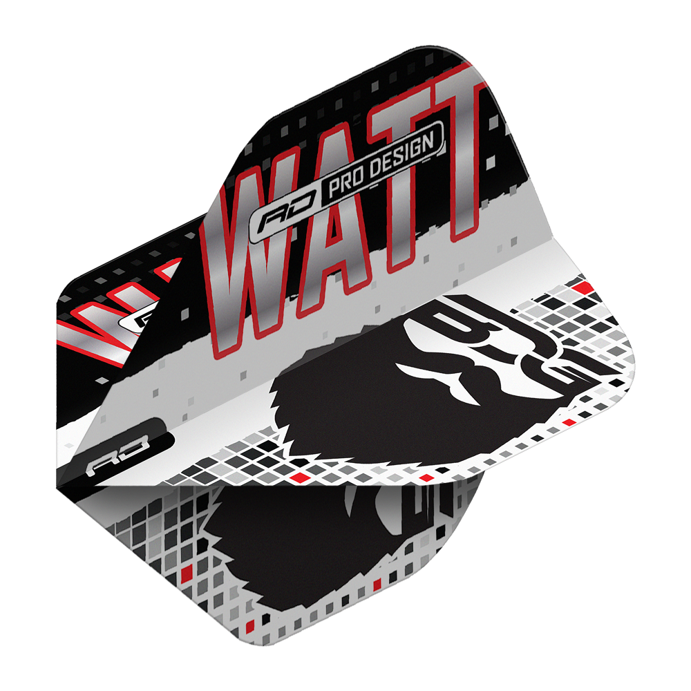 Red Dragon Hardcore Jason Watt BDG Premium No2 Standard Flights Das Bild zeigt die Red Dragon Hardcore Jason Watt BDG Premium No2 Standard Flights. Das Design ist in Schwarz, Weiß und Rot gehalten und trägt den Schriftzug "WATT" sowie eine stilisierte Grafik.