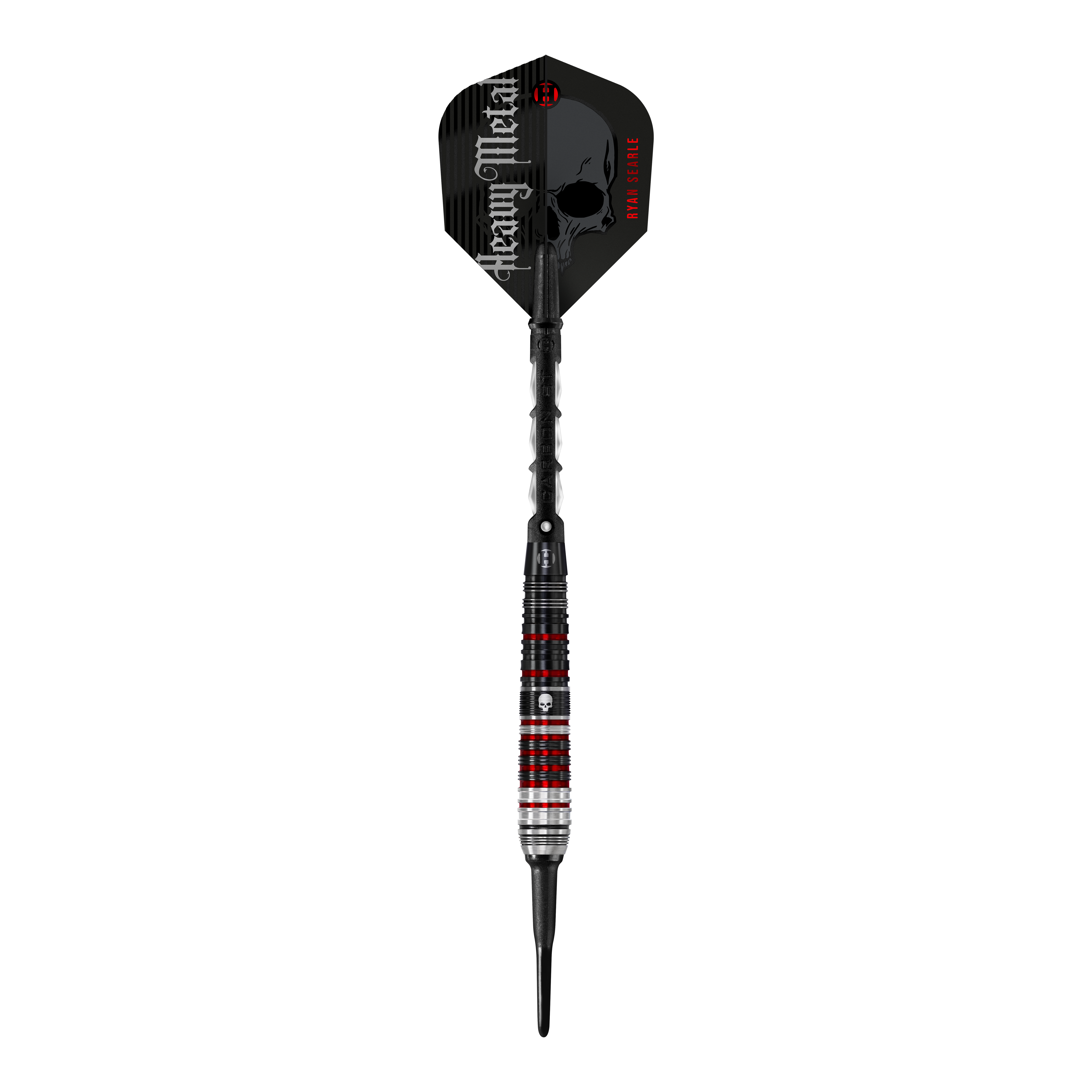 Harrow's Ryan Searle Heavy Metal Series 2 soft darts Das Bild zeigt einen Harrows Ryan Searle Heavy Metal Series 2 Softdart. Der Dartpfeil hat ein auffälliges Design mit schwarzen, roten und silbernen Akzenten sowie der Aufschrift "Heavy Metal" auf dem Flight.