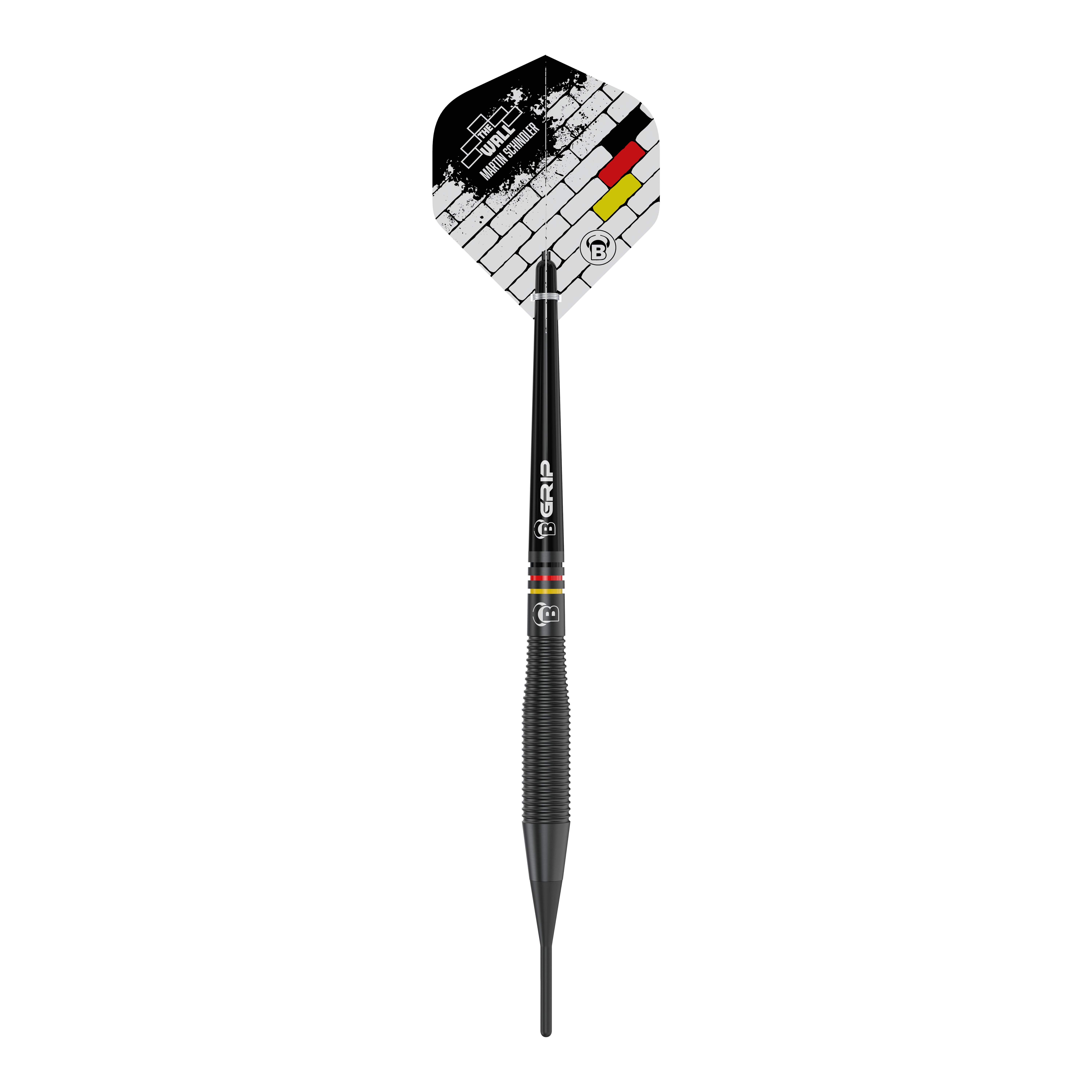 Bulls Martin Schindler The Wall Black Brass Softdarts - 18g Dies ist ein schwarzer Softdart namens "Bulls Martin Schindler The Wall Black Brass" mit einem Gewicht von 18 Gramm. Auf dem Flight sind ein Mauer-Design und die Farben der deutschen Flagge zu sehen.