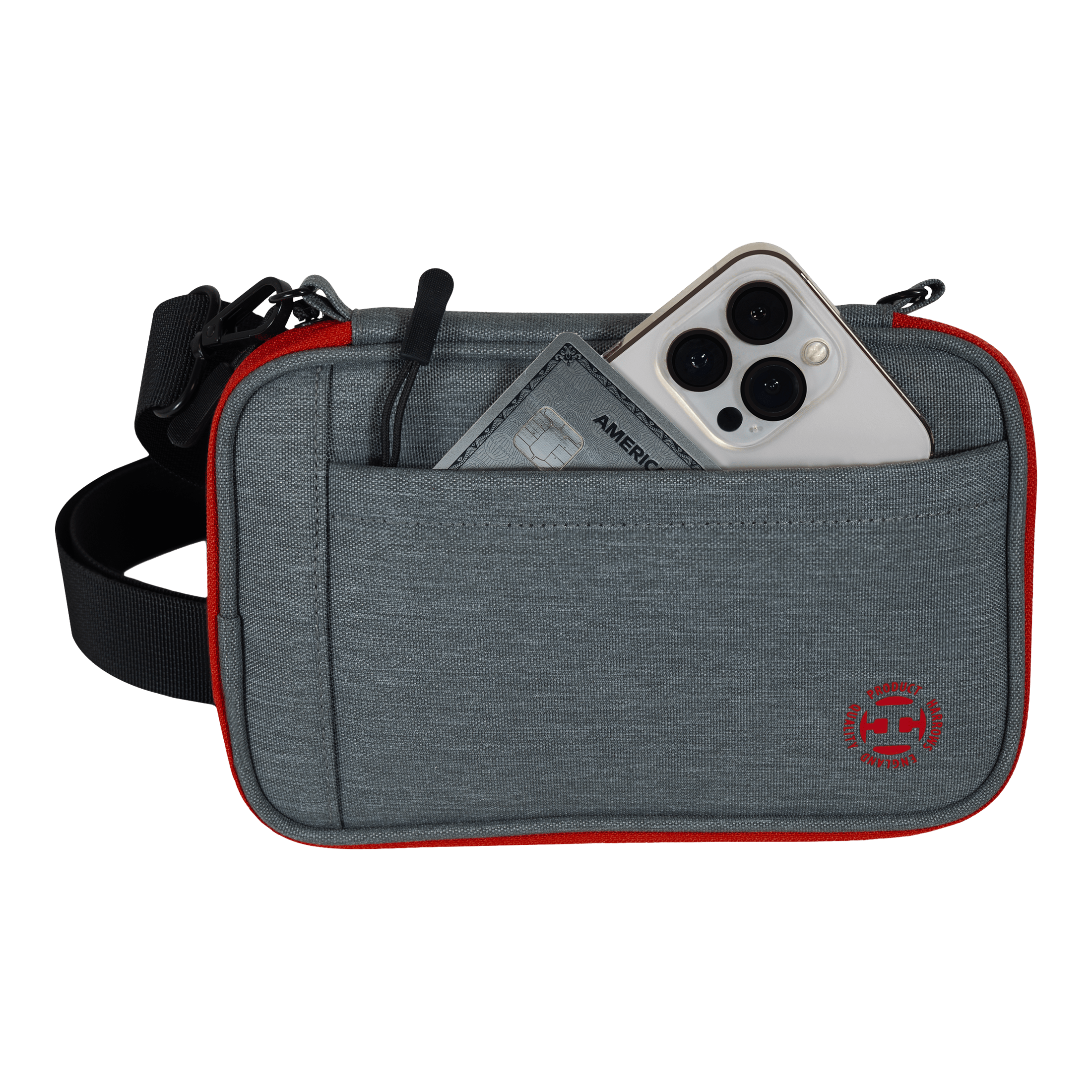 Harrows Smart Case XL dart wallet Das Bild zeigt eine graue Tasche mit rotem Rand und einem schwarzen Gurt. In der Vordertasche stecken ein Smartphone und eine Kreditkarte.