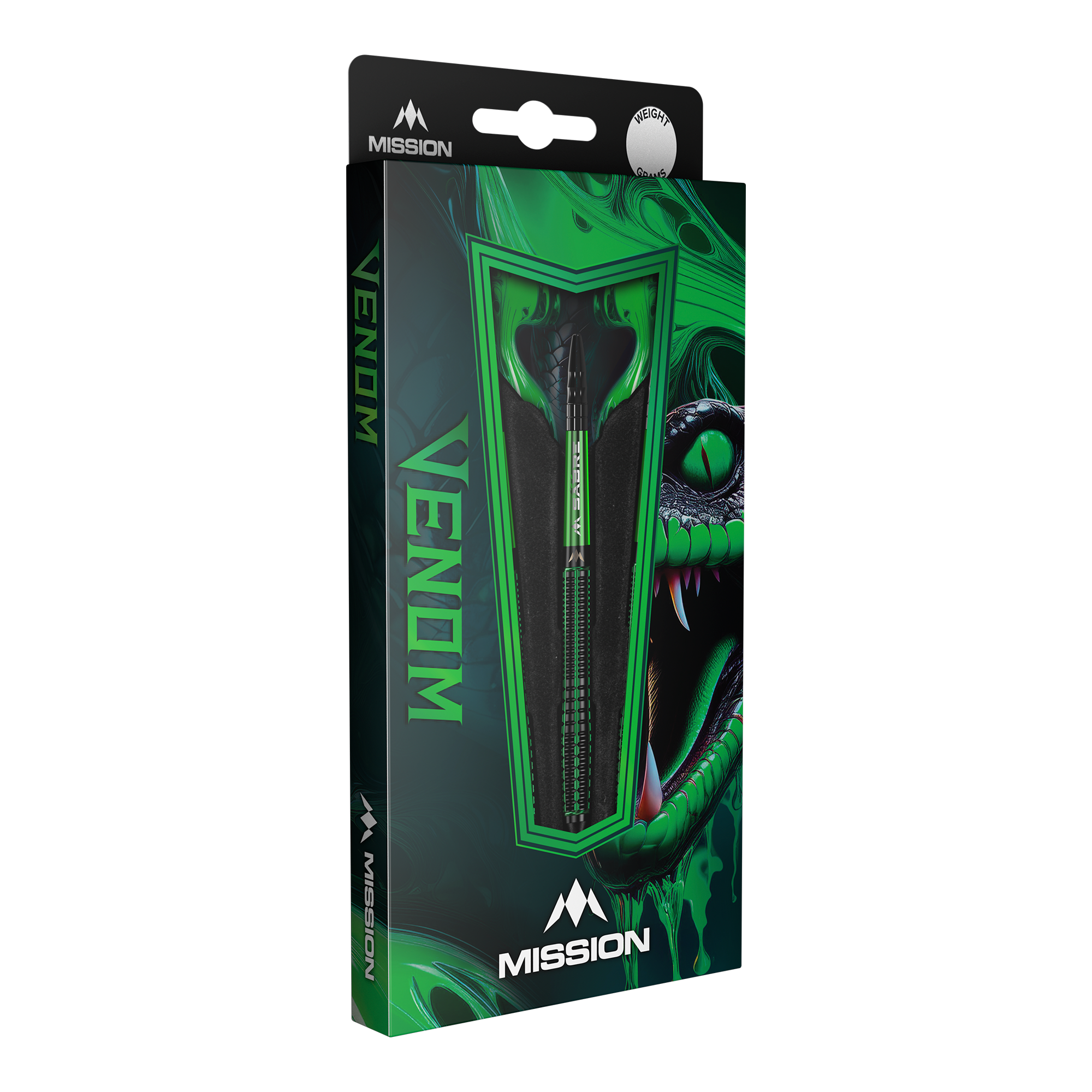 Mission Venom Softdarts - 20g Die Abbildung zeigt die Verpackung der "Mission Venom Softdarts - 20g". Das Design ist in Grün gehalten und zeigt einen Schlangenkopf sowie den Schriftzug "Venom".