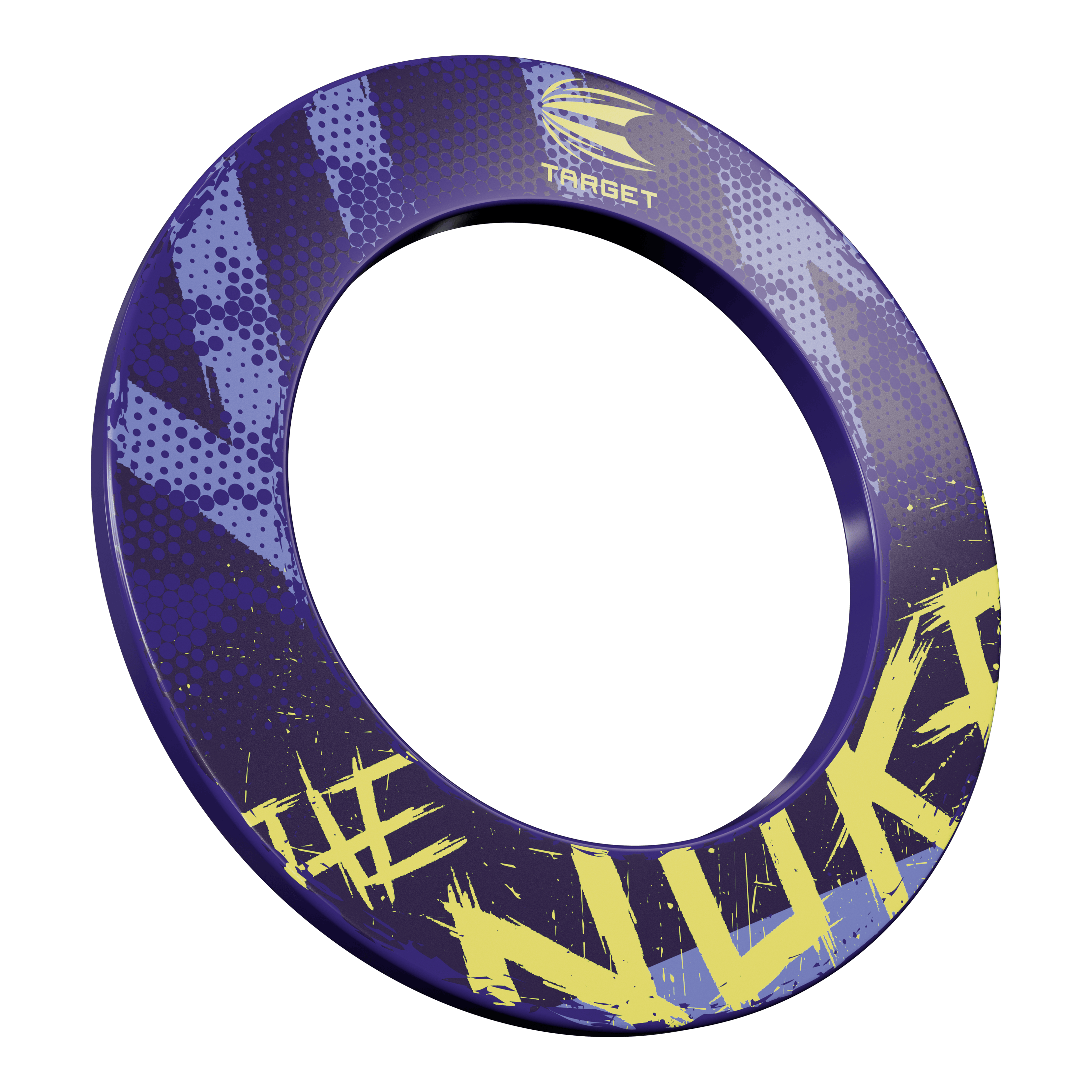 Target Luke Littler The Nuke Dartboard Surround Das Bild zeigt eine Dartboard-Umrandung mit dem Namen „Target Luke Littler The Nuke Dartboard Surround“. Die Umrandung ist hauptsächlich lila mit gelben Schriftzügen und Mustern gestaltet.