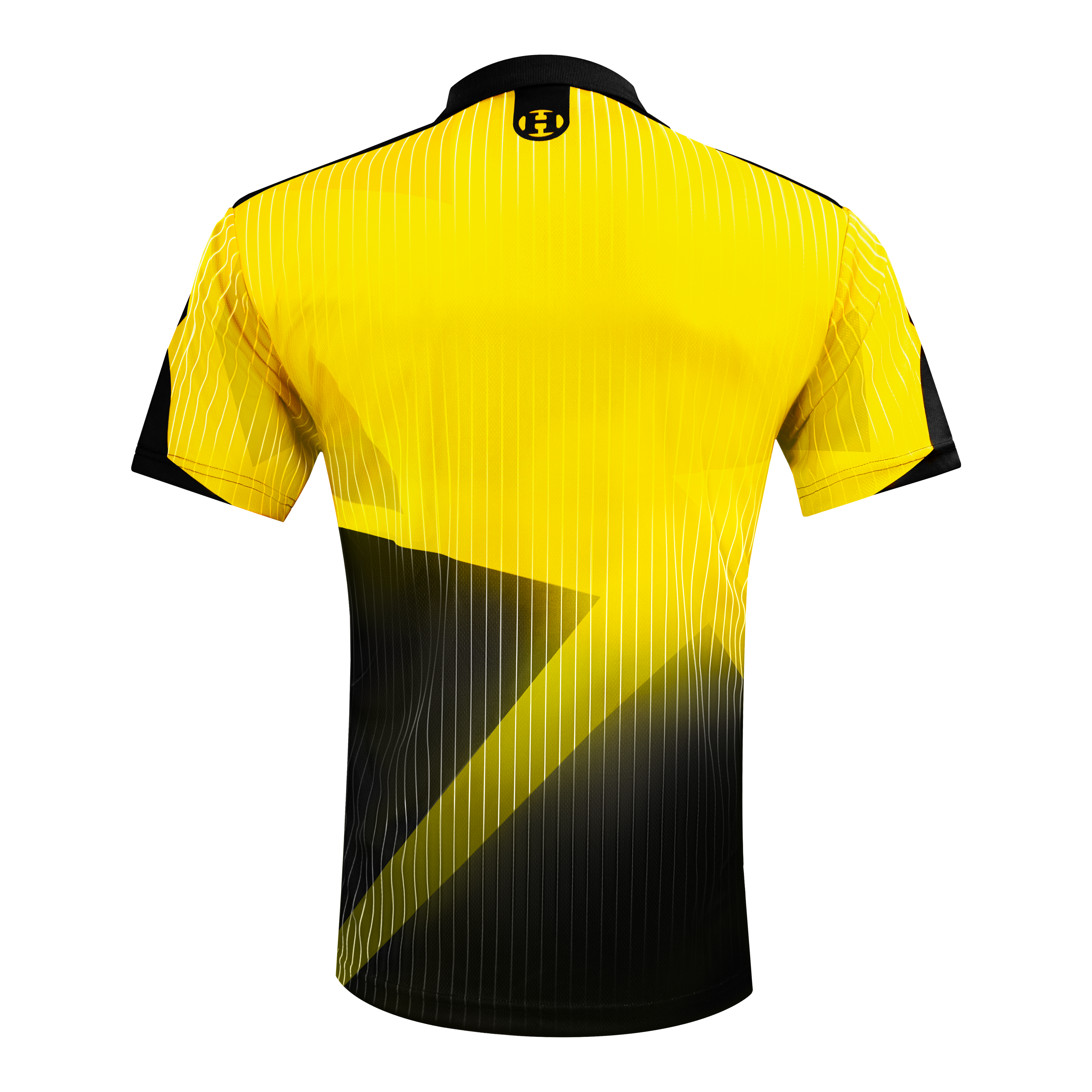 Harrows Shard Dartshirt - Gelb Das Bild zeigt das Harrows Shard Dartshirt in Gelb. Das Shirt hat ein auffälliges gelb-schwarzes Design mit weißen dünnen Linien.