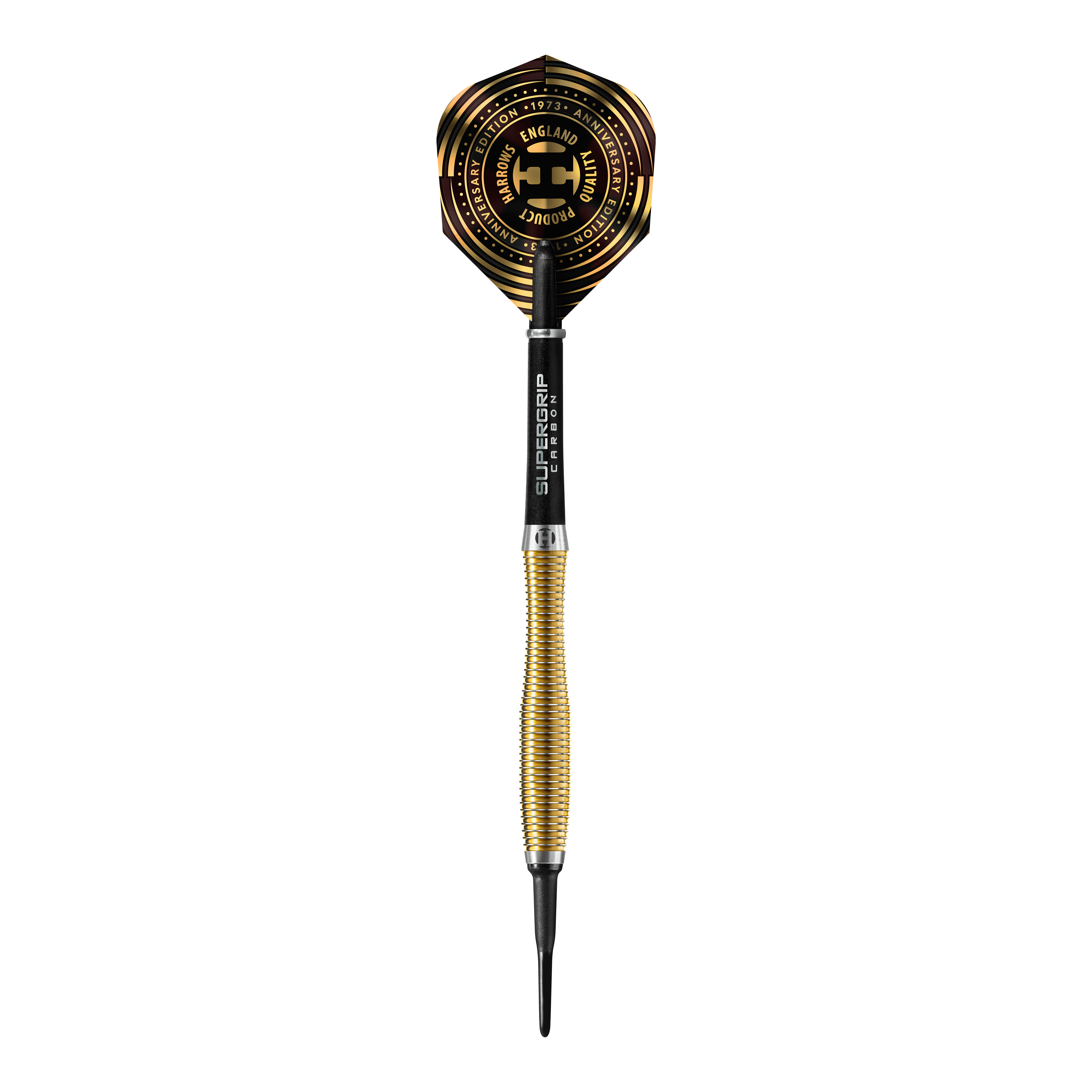 Harrows Anniversary Edition V-Wing Soft Darts - 18g Das Bild zeigt einen Harrows Anniversary Edition V-Wing Softdart mit einem Gewicht von 18g. Der Dartpfeil hat einen goldfarbenen, gerillten Schaft und ein auffälliges Flight-Design in Schwarz und Gold.
