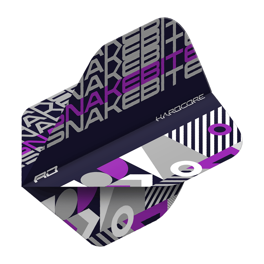 TF6656_Red_Dragon_Hardcore_Snakebite_BlackPurple_Standard_Flights_2cXxLHmvDRi191 Das Bild zeigt ein Dart-Flight mit dem Namen "Red Dragon Hardcore Snakebite Black Purple Standard Flights". Das Design ist schwarz-lila mit geometrischen Mustern und dem Schriftzug "SNAKEBITE".